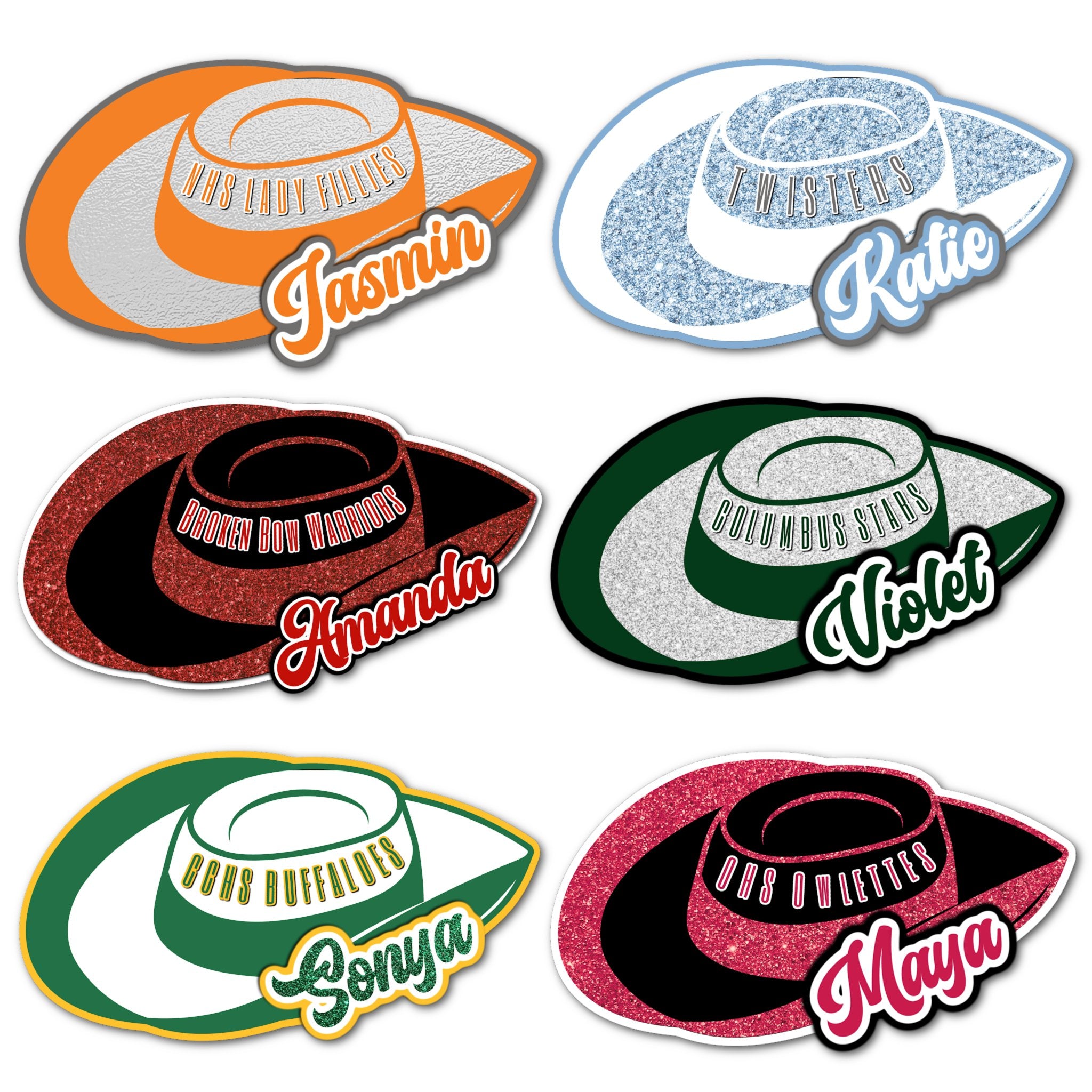Examples of How to Customize Drill Team Member Decoration with Team Name, Athlete Name, Team Colors, Year, Tournament, Mascot, and More.