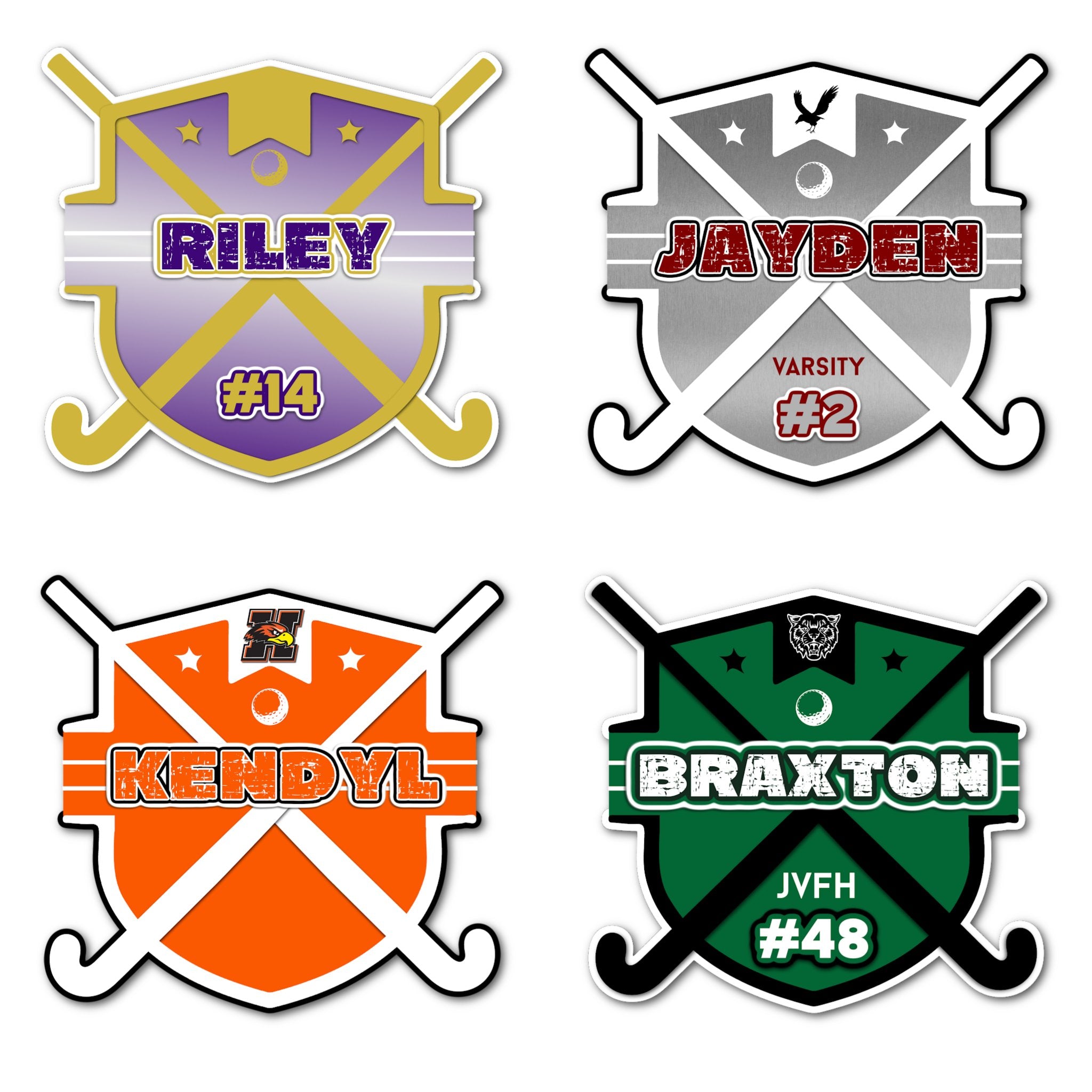 Examples of How to Customize Field Hockey Shield Decoration with Team Name, Athlete Name, Team Colors, Year, Tournament, Mascot, and More.
