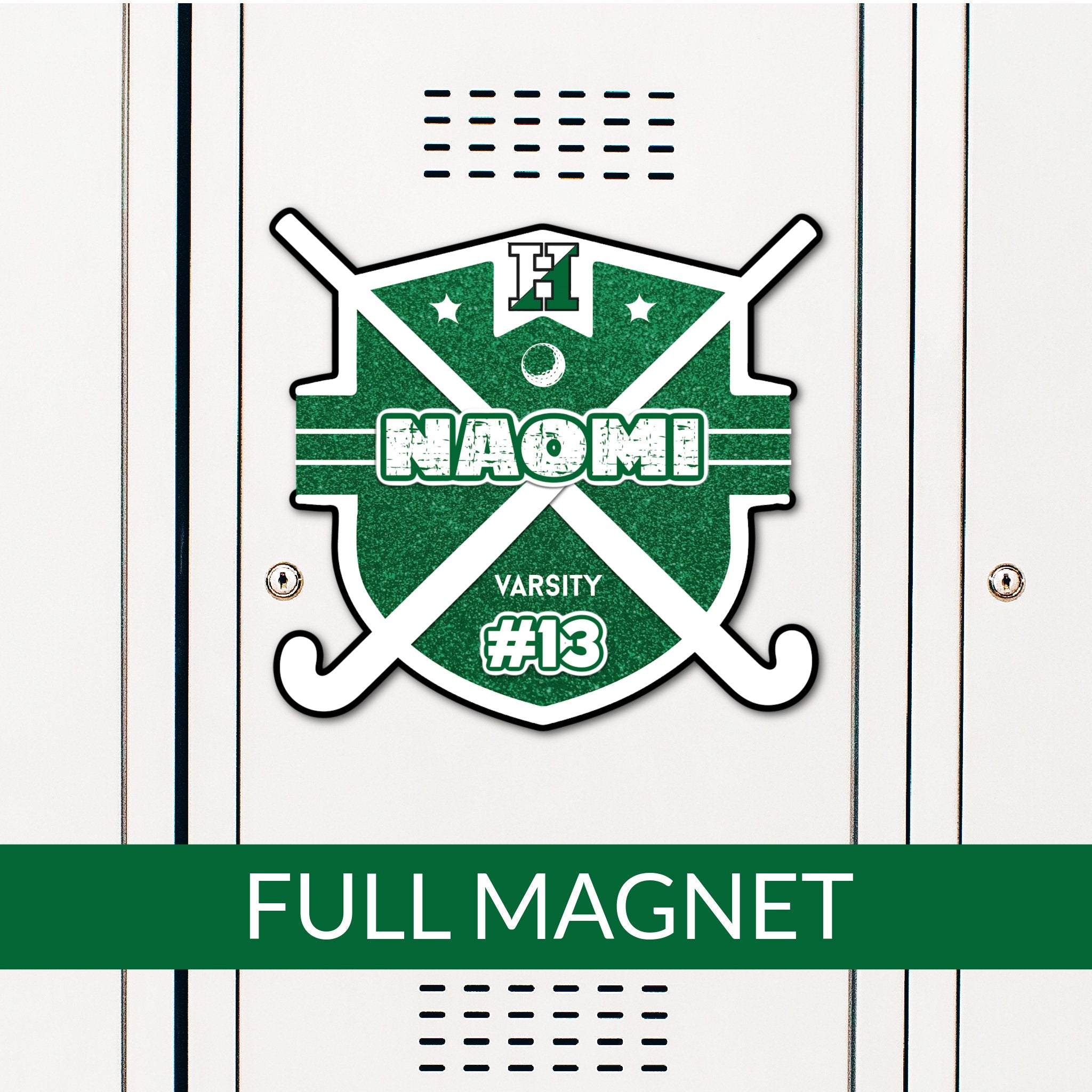 Custom Field Hockey Shield Locker Magnet Decoration in Team or School Colors.