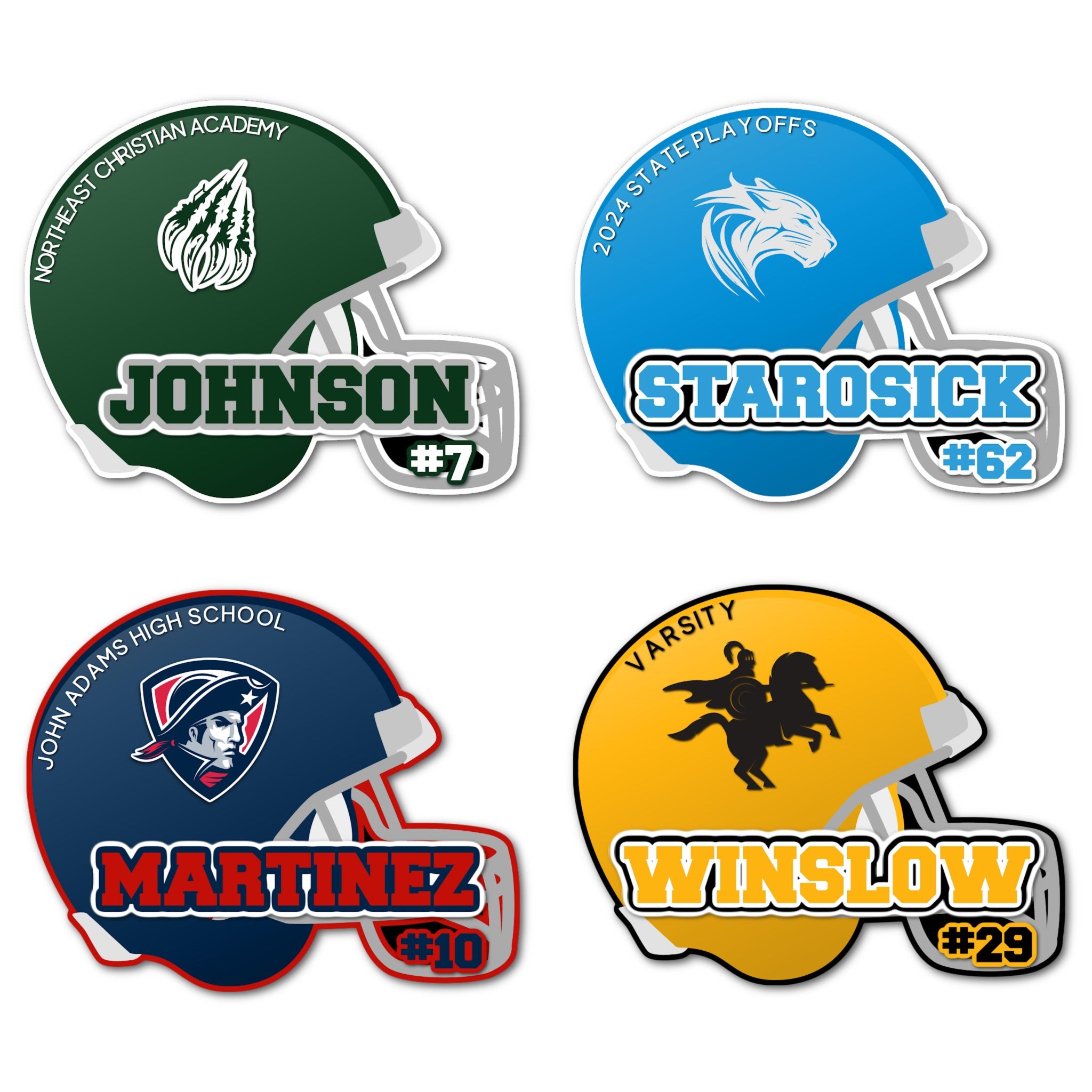 Examples of How to Customize Football Player Decoration with Team Name, Athlete Name, Team Colors, Year, Tournament, Mascot, and More.