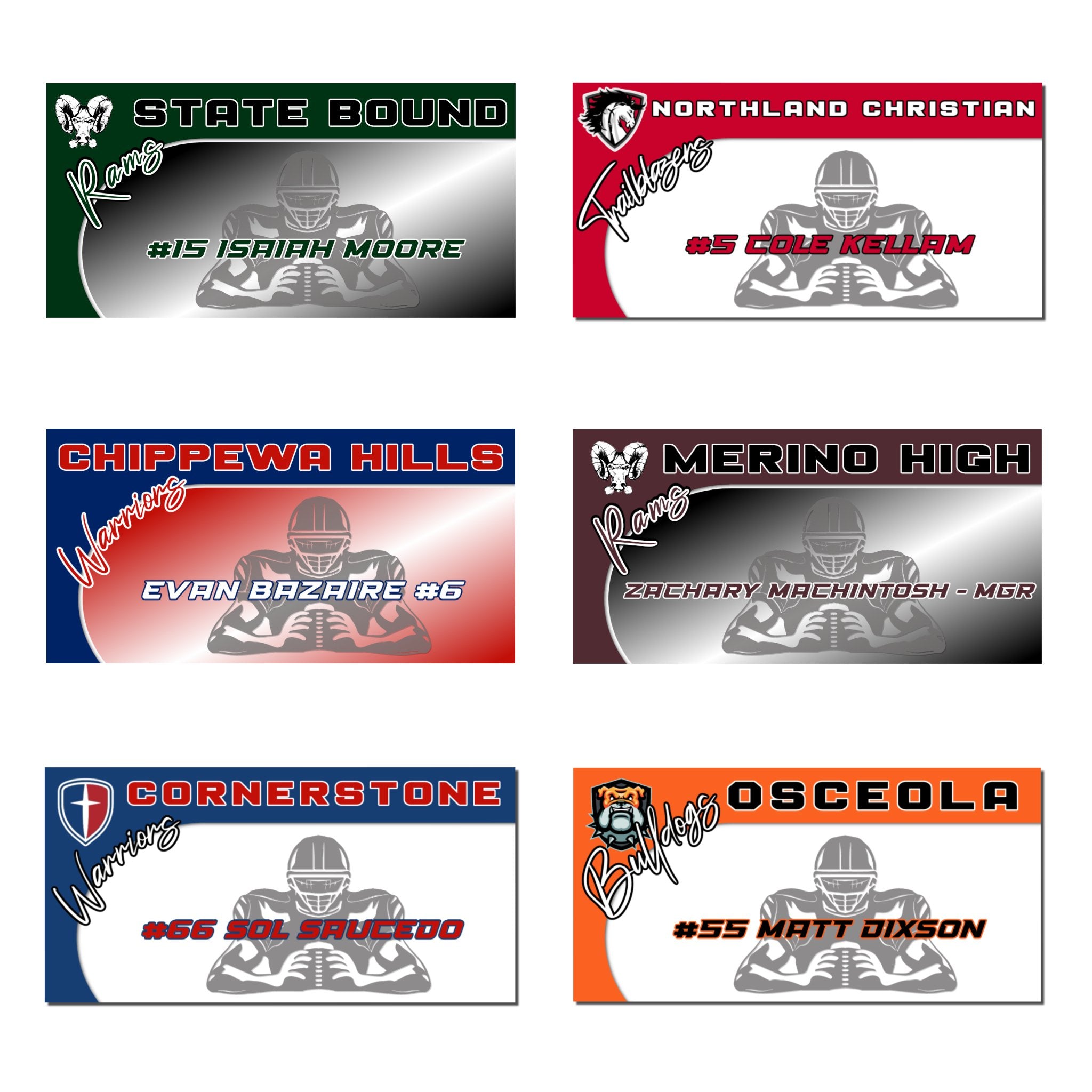 Examples of How to Customize Football Player Decoration with Team Name, Athlete Name, Team Colors, Year, Tournament, Mascot, and More.