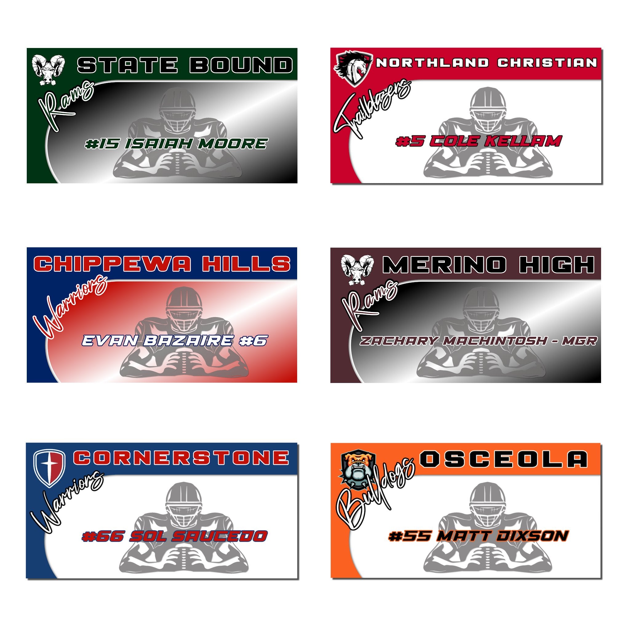Examples of How to Customize Football Player Decoration with Team Name, Athlete Name, Team Colors, Year, Tournament, Mascot, and More.