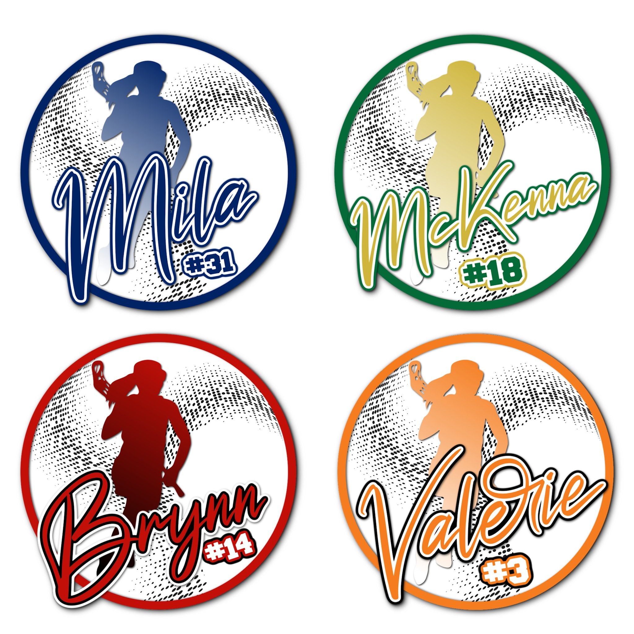 Examples of How to Customize Lacrosse Decoration with Team Name, Athlete Name, Team Colors, Year, Tournament, Mascot, and More.