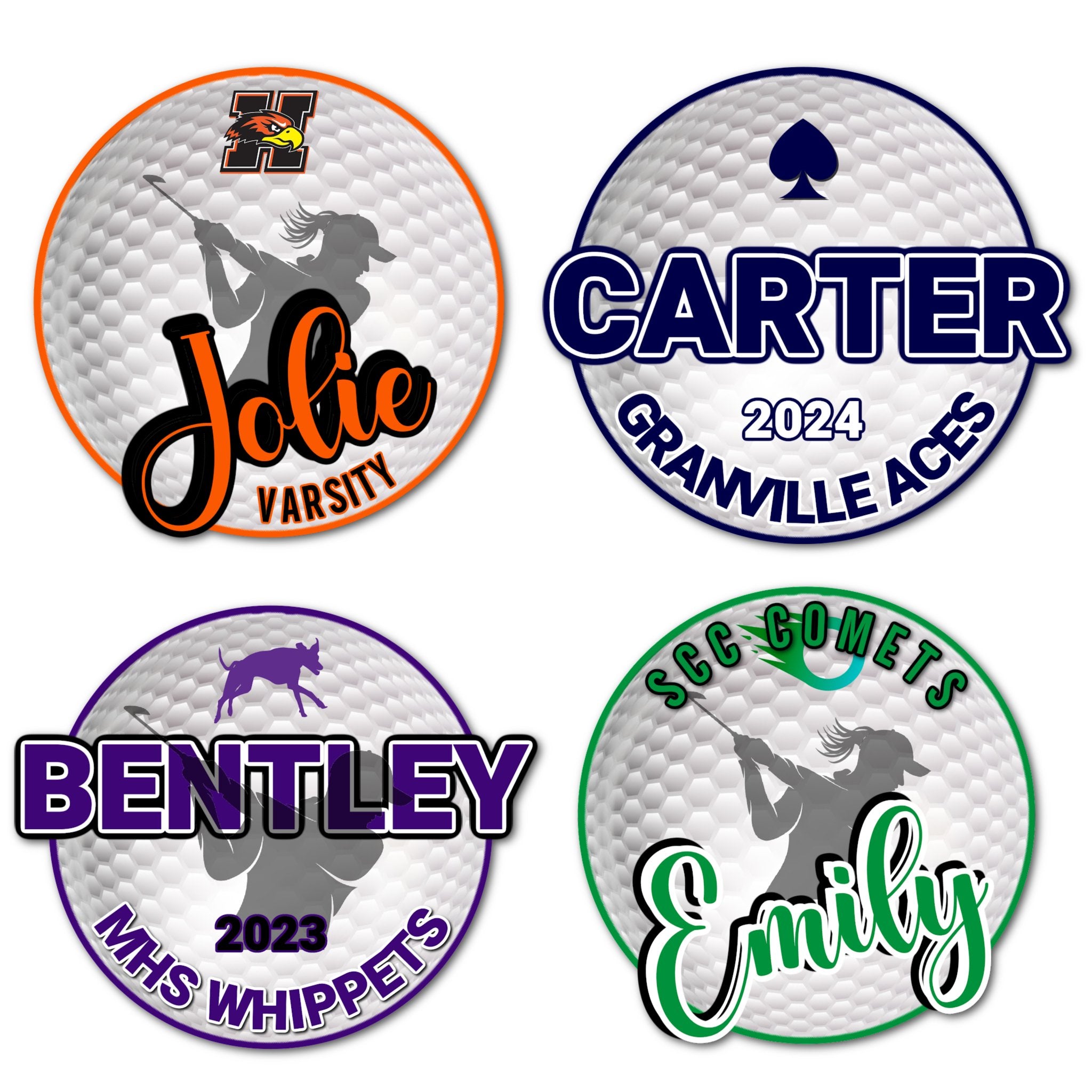 Examples of How to Customize Golfer Decoration with Team Name, Athlete Name, Team Colors, Year, Tournament, Mascot, and More.