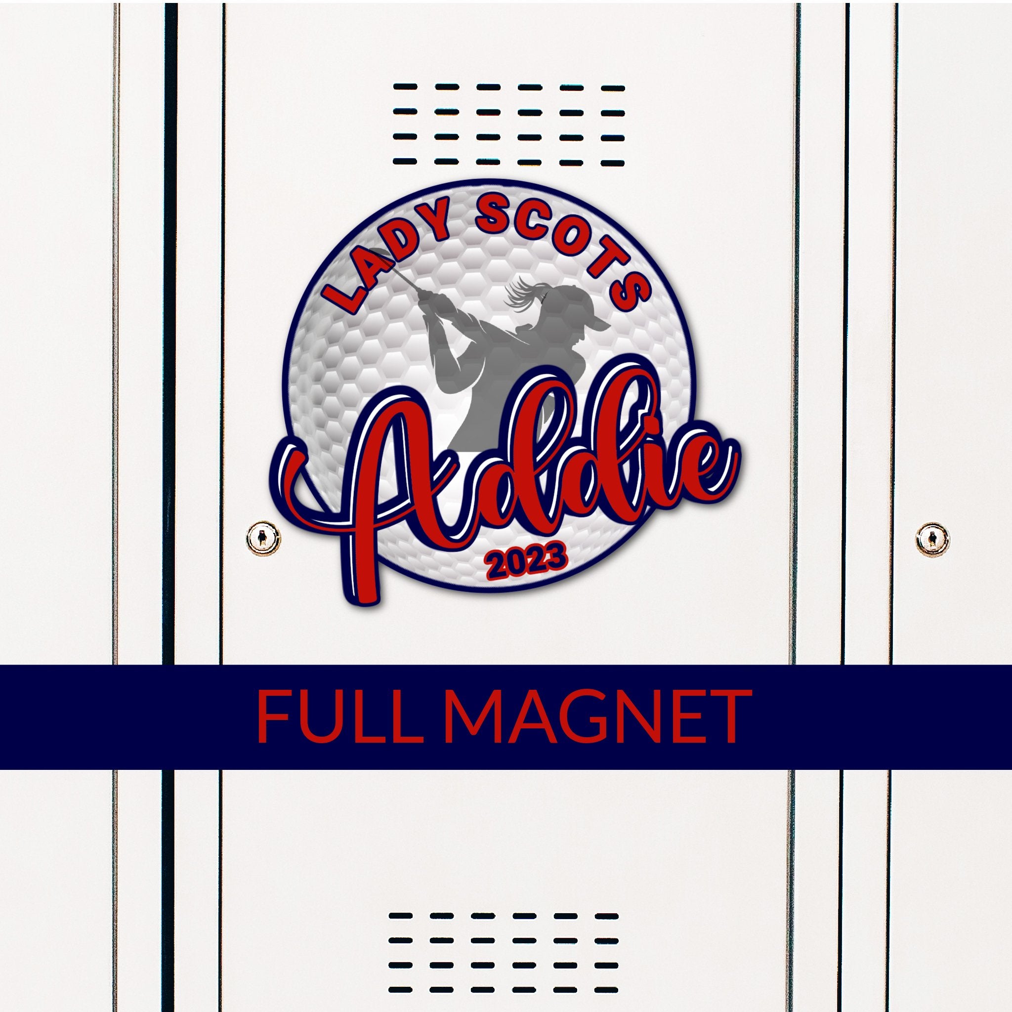 Custom Men's and Women's Golf Ball Locker Magnet Decoration in Team or School Colors.