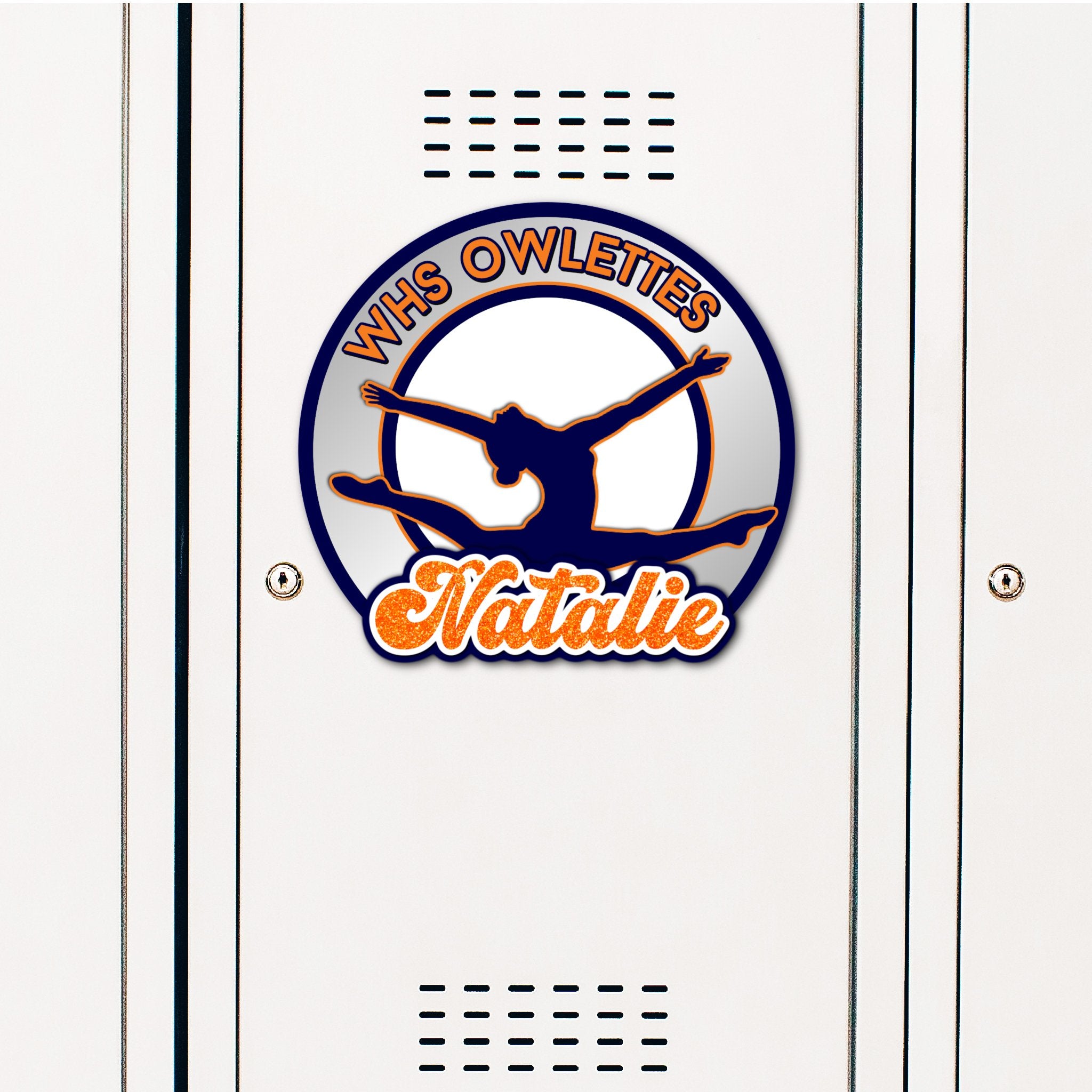 Custom Circle Split Jump Gymnastics Locker Decoration in Team or School Colors.