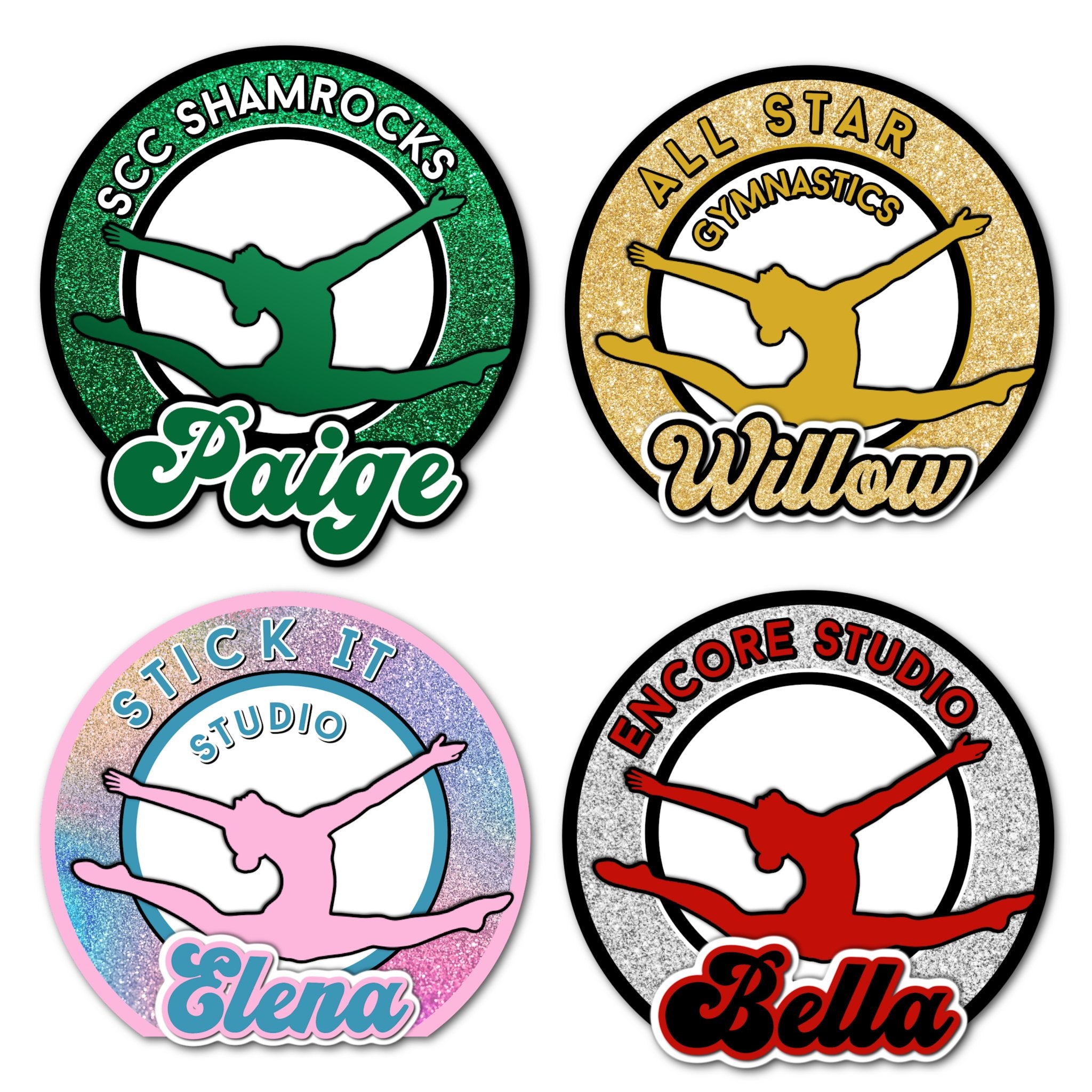 Examples of How to Customize Circle Split Jump Gymnastics Decoration with Team Name, Athlete Name, Team Colors, Year, Tournament, Mascot, and More.