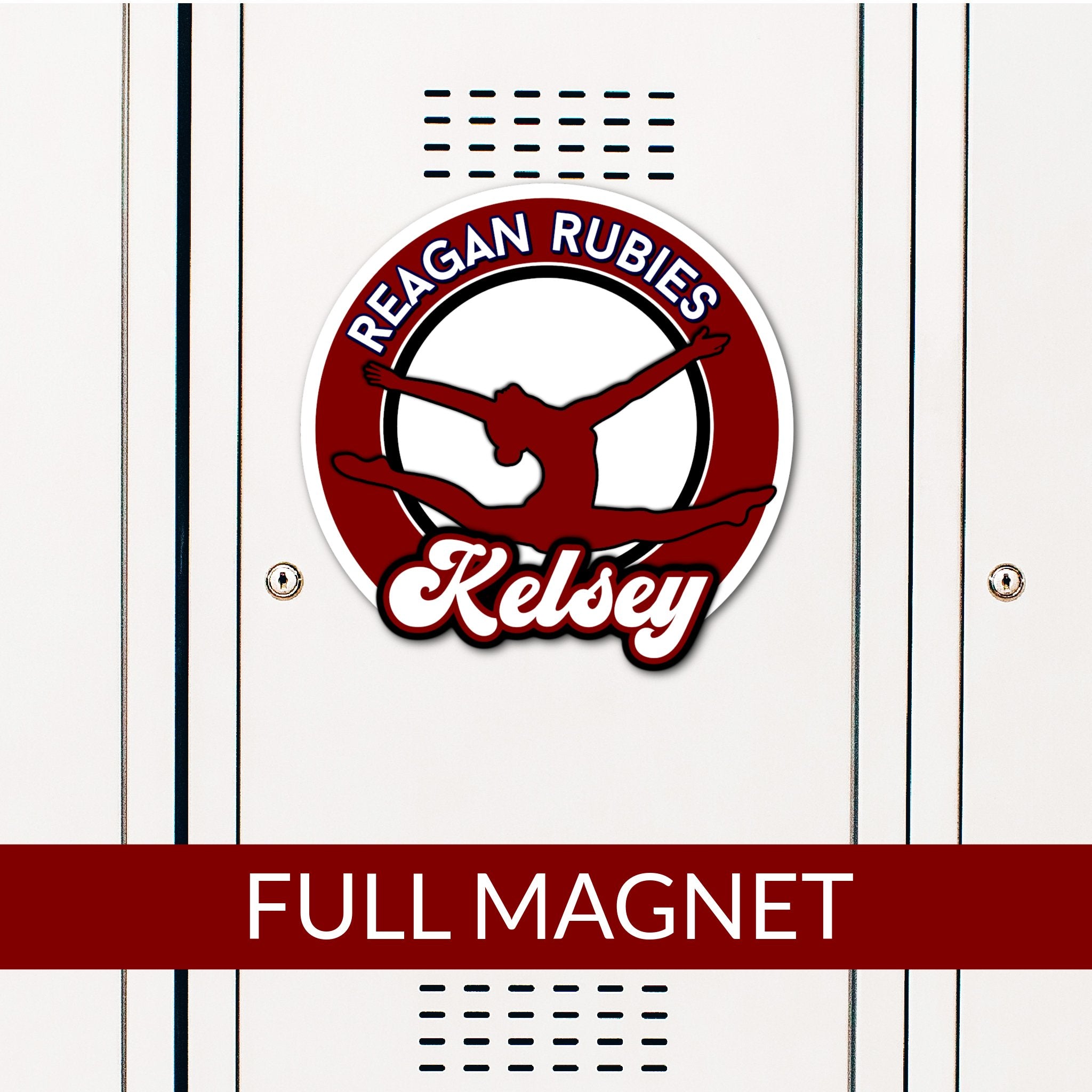 Custom Circle Split Jump Gymnastics Locker Magnet Decoration in Team or School Colors.
