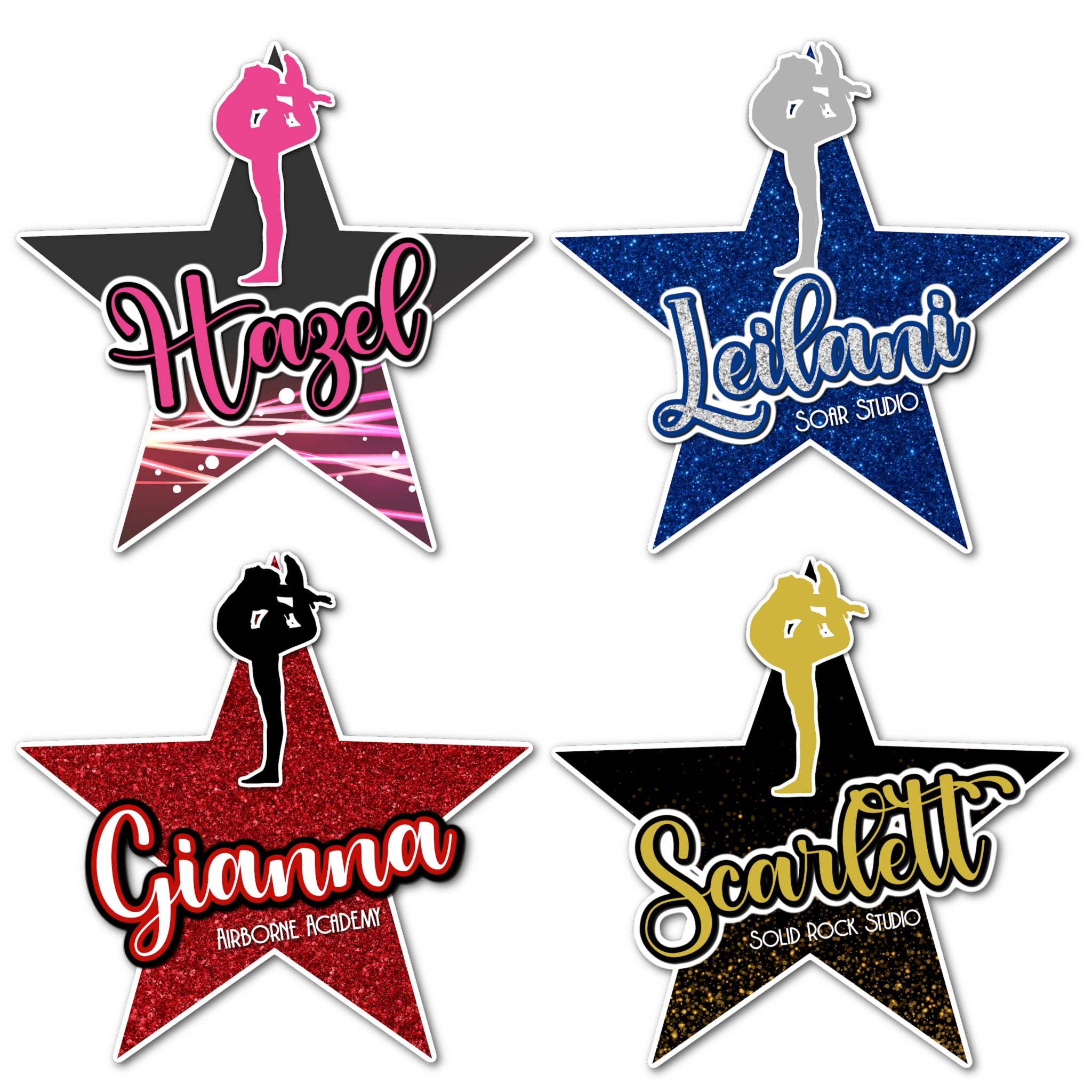 Examples of How to Customize Gymnastics Decoration with Team Name, Athlete Name, Team Colors, Year, Tournament, Mascot, and More.