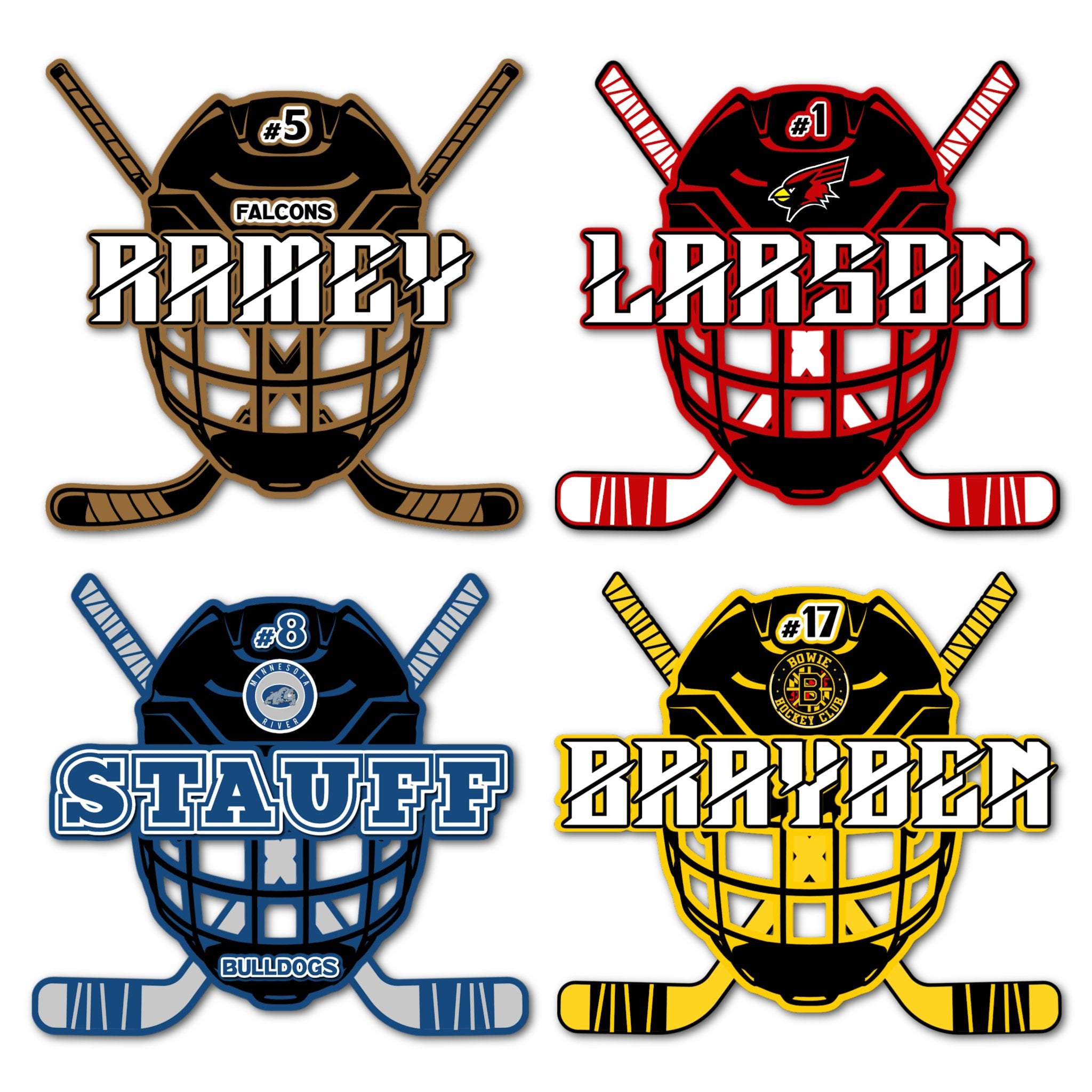 Examples of How to Customize Hockey Player Decoration with Team Name, Athlete Name, Team Colors, Year, Tournament, Mascot, and More.