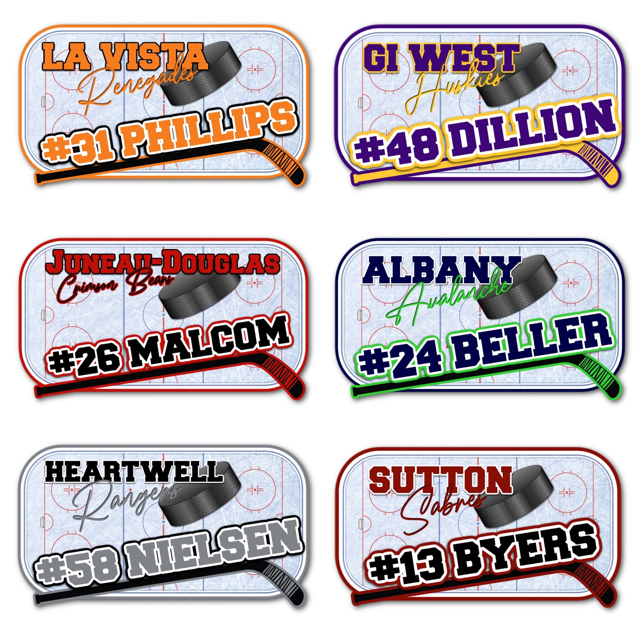 Examples of How to Customize Hockey Rink Decoration with Team Name, Athlete Name, Team Colors, Year, Tournament, Mascot, and More.