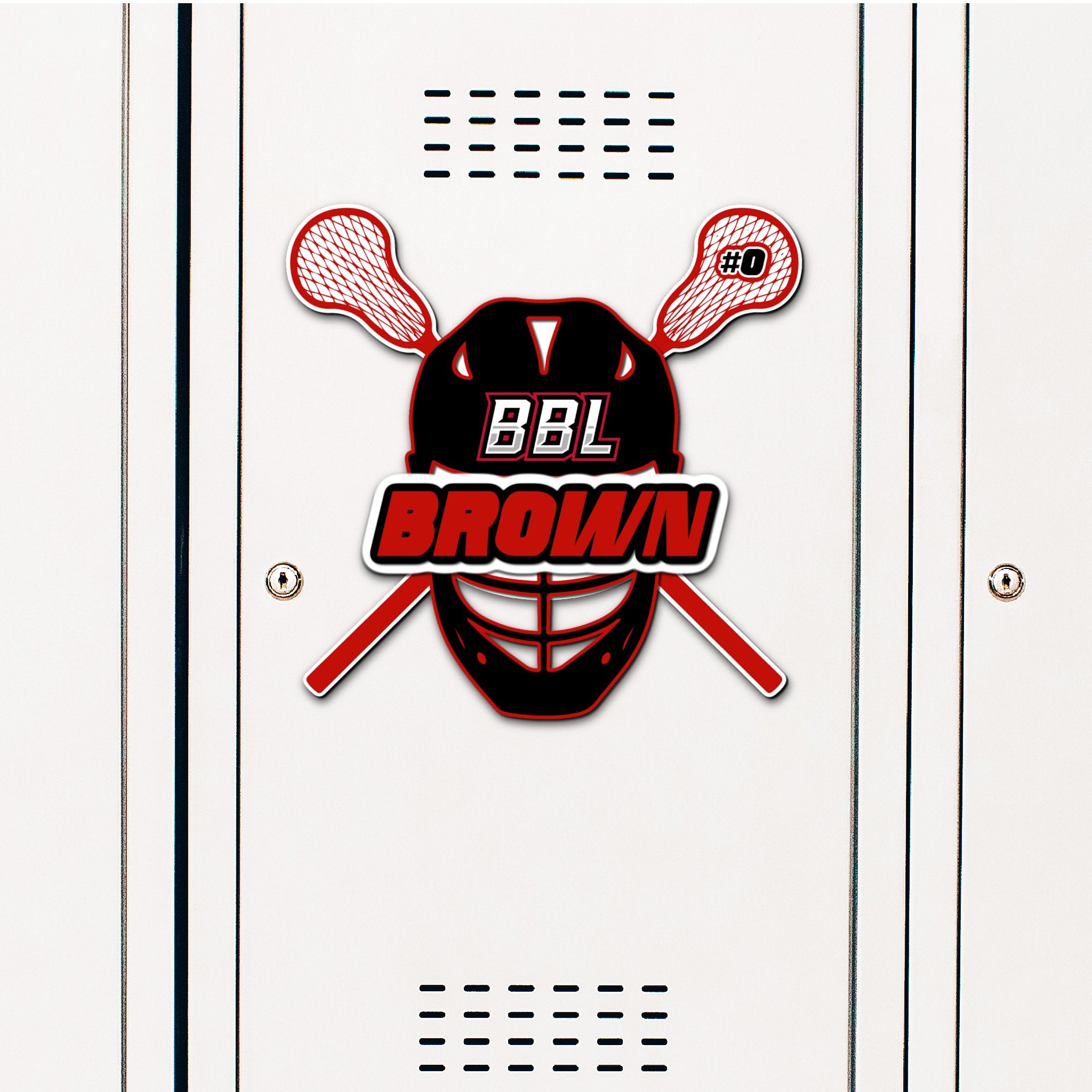 Custom Lacrosse Helmet and Sticks Locker Decoration in Team or School Colors.