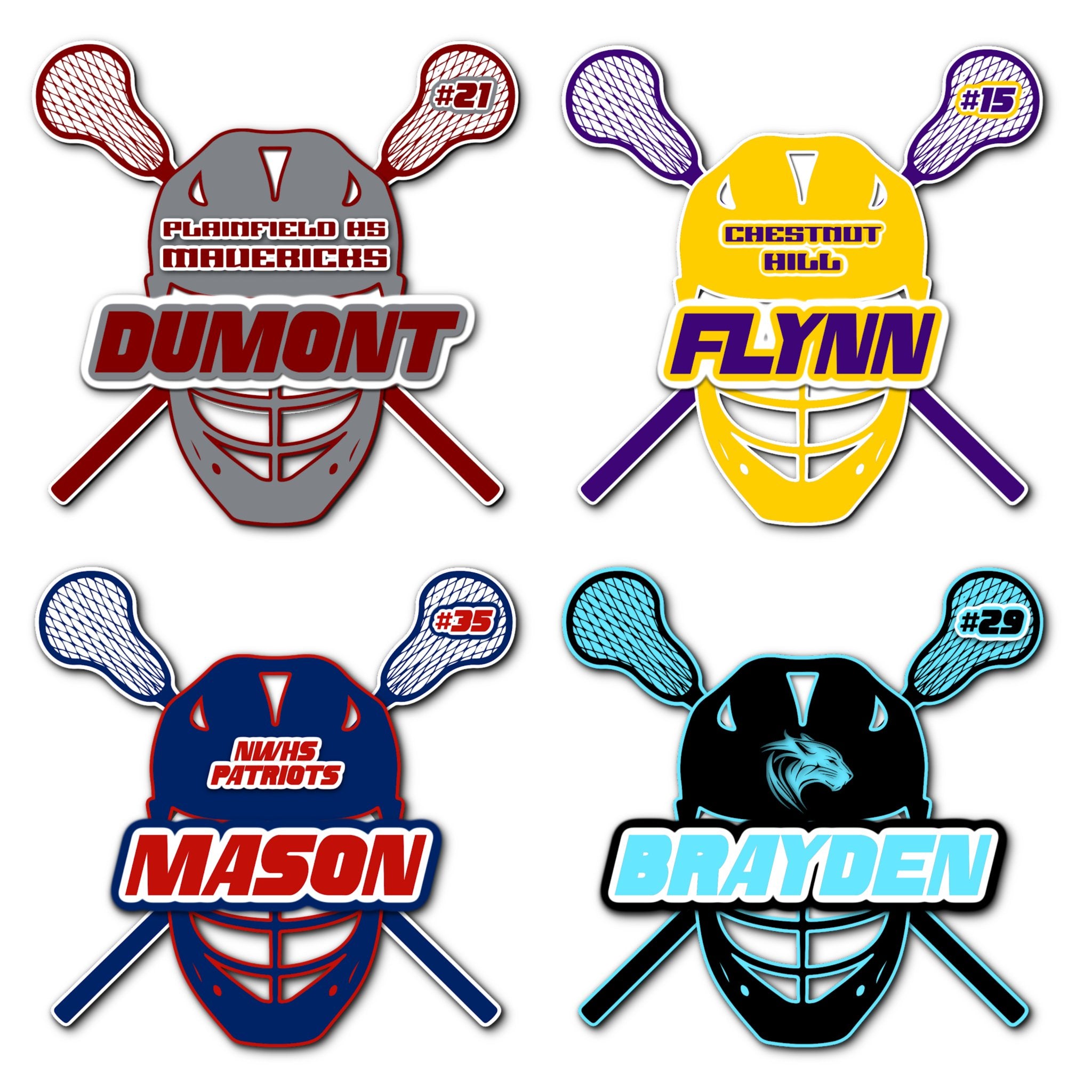 Examples of How to Customize Lacrosse Decoration with Team Name, Athlete Name, Team Colors, Year, Tournament, Mascot, and More.