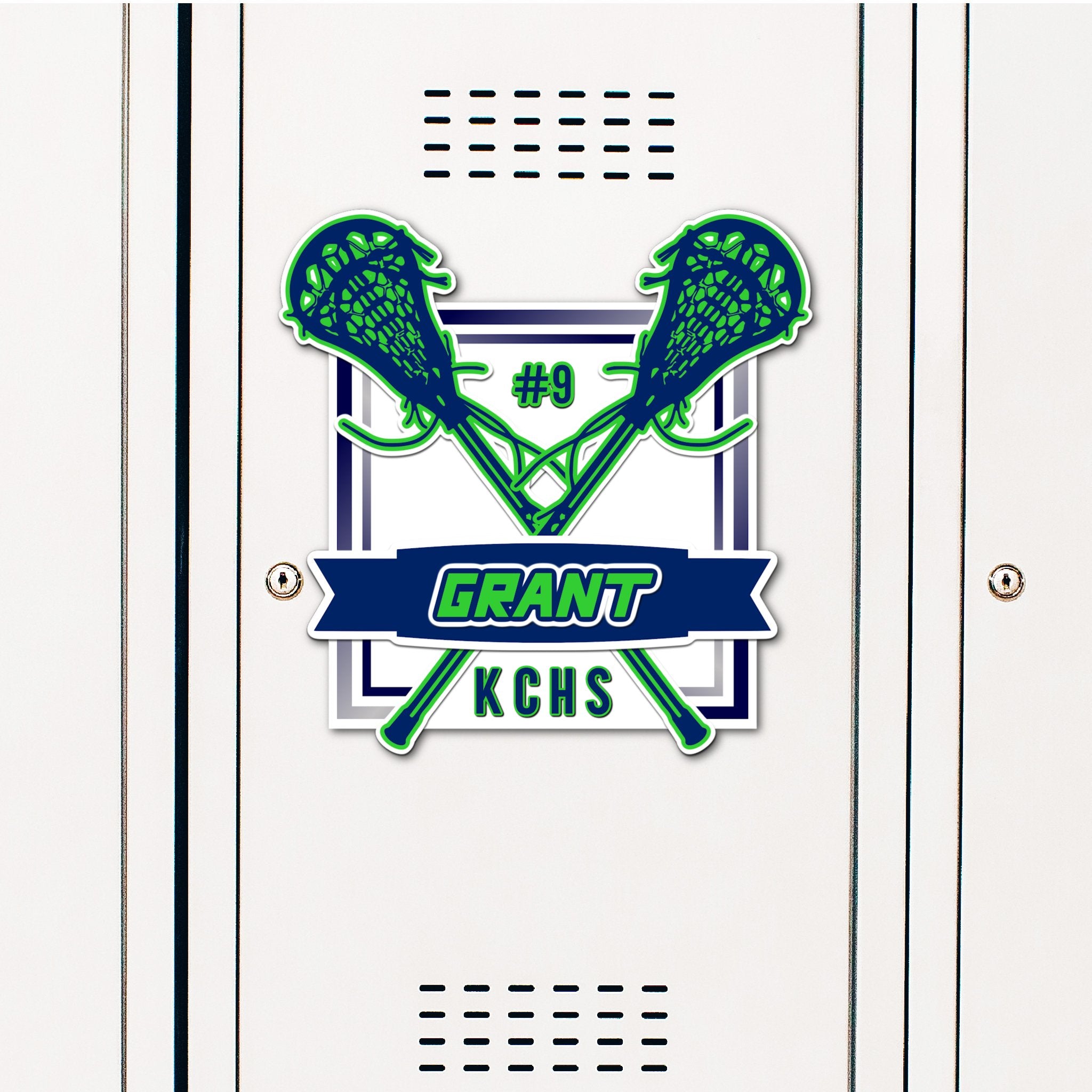 Custom Square Lacrosse Locker Decoration in Team or School Colors.