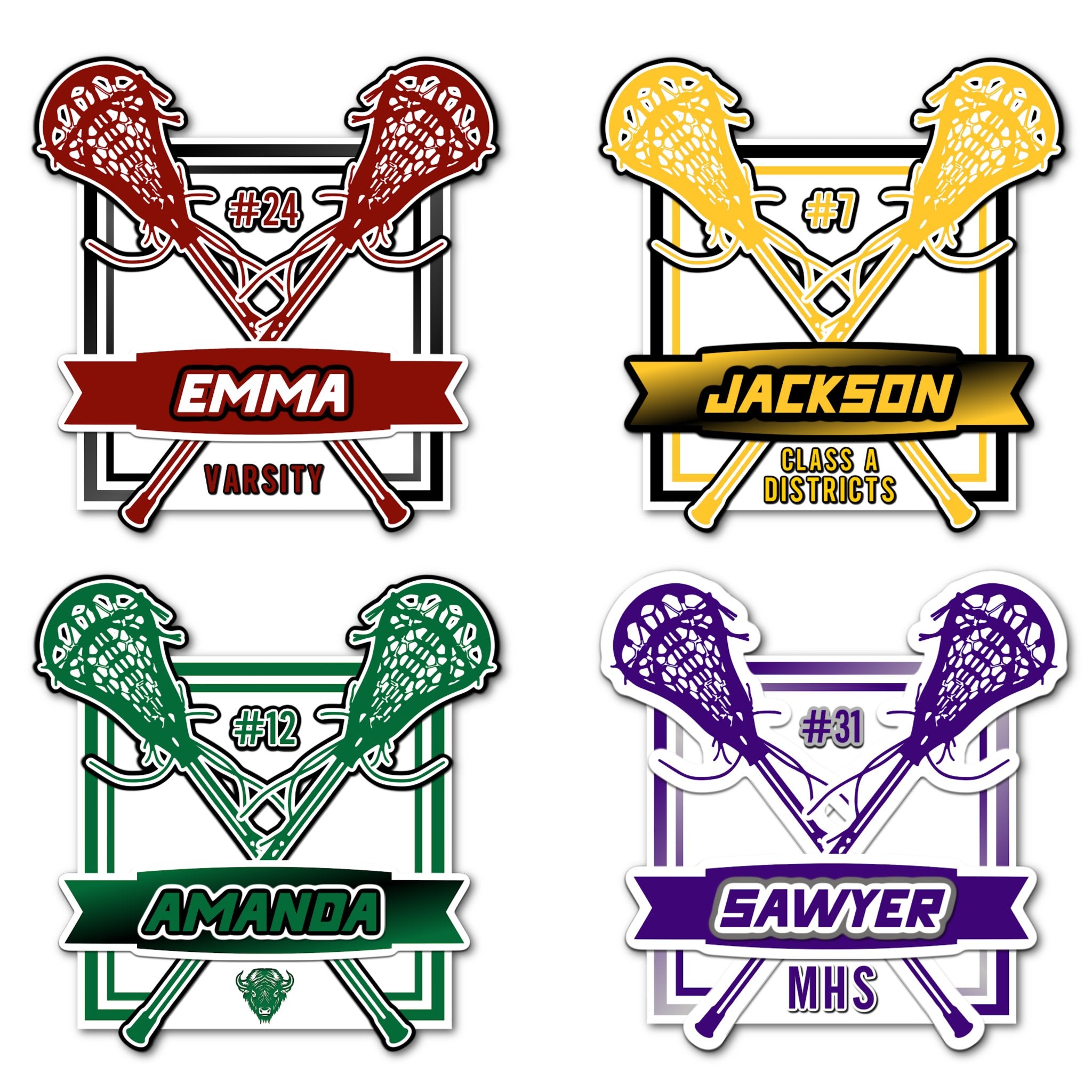 Examples of How to Customize Square Lacrosse Decoration with Team Name, Athlete Name, Team Colors, Year, Tournament, Mascot, and More.