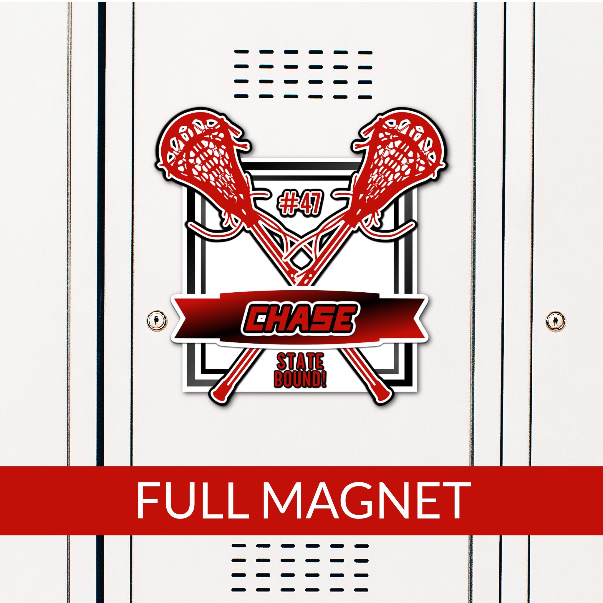 Custom Square Lacrosse Locker Magnet Decoration in Team or School Colors.