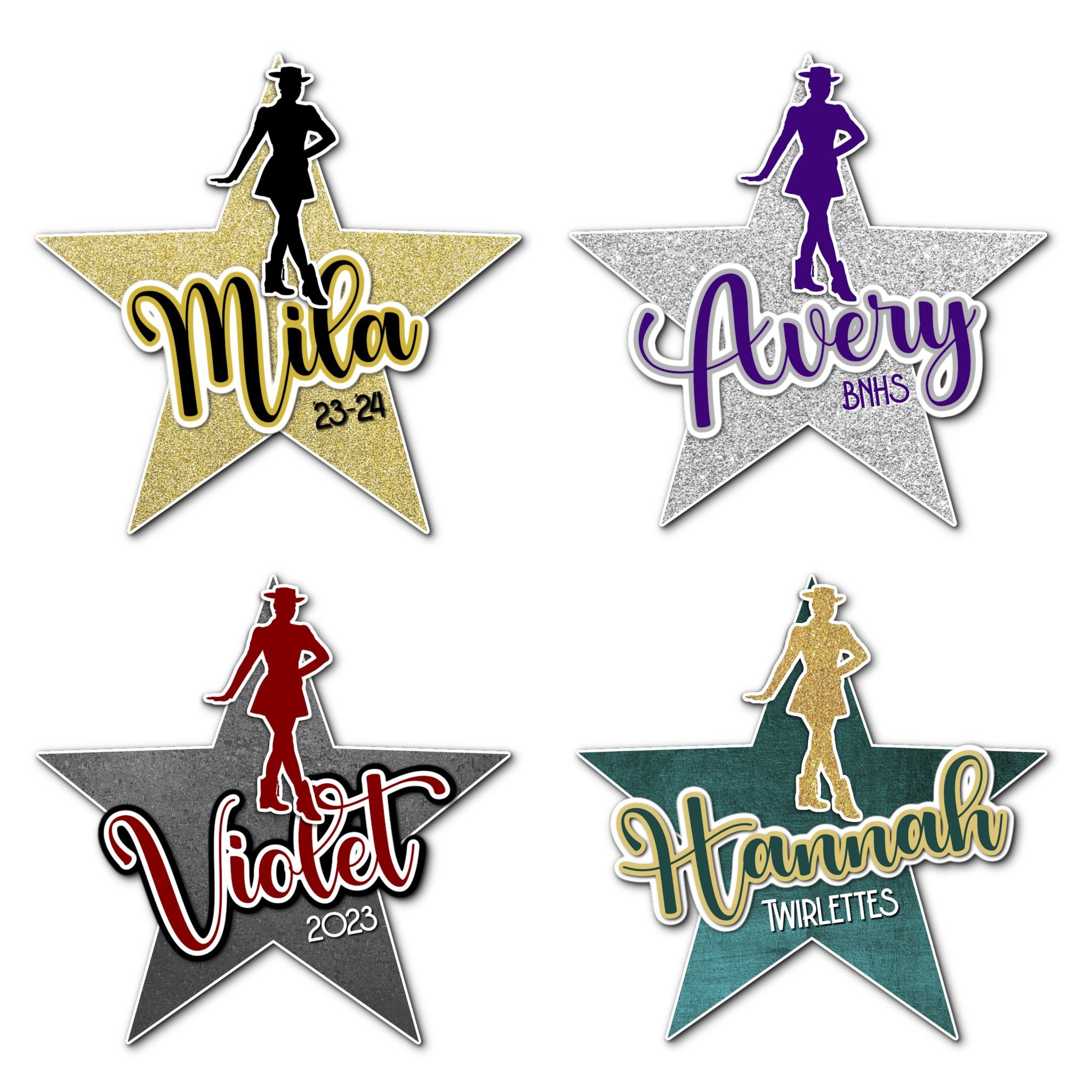 Examples of How to Customize Majorette Drill Team Member Decoration with Team Name, Athlete Name, Team Colors, Year, Tournament, Mascot, and More.