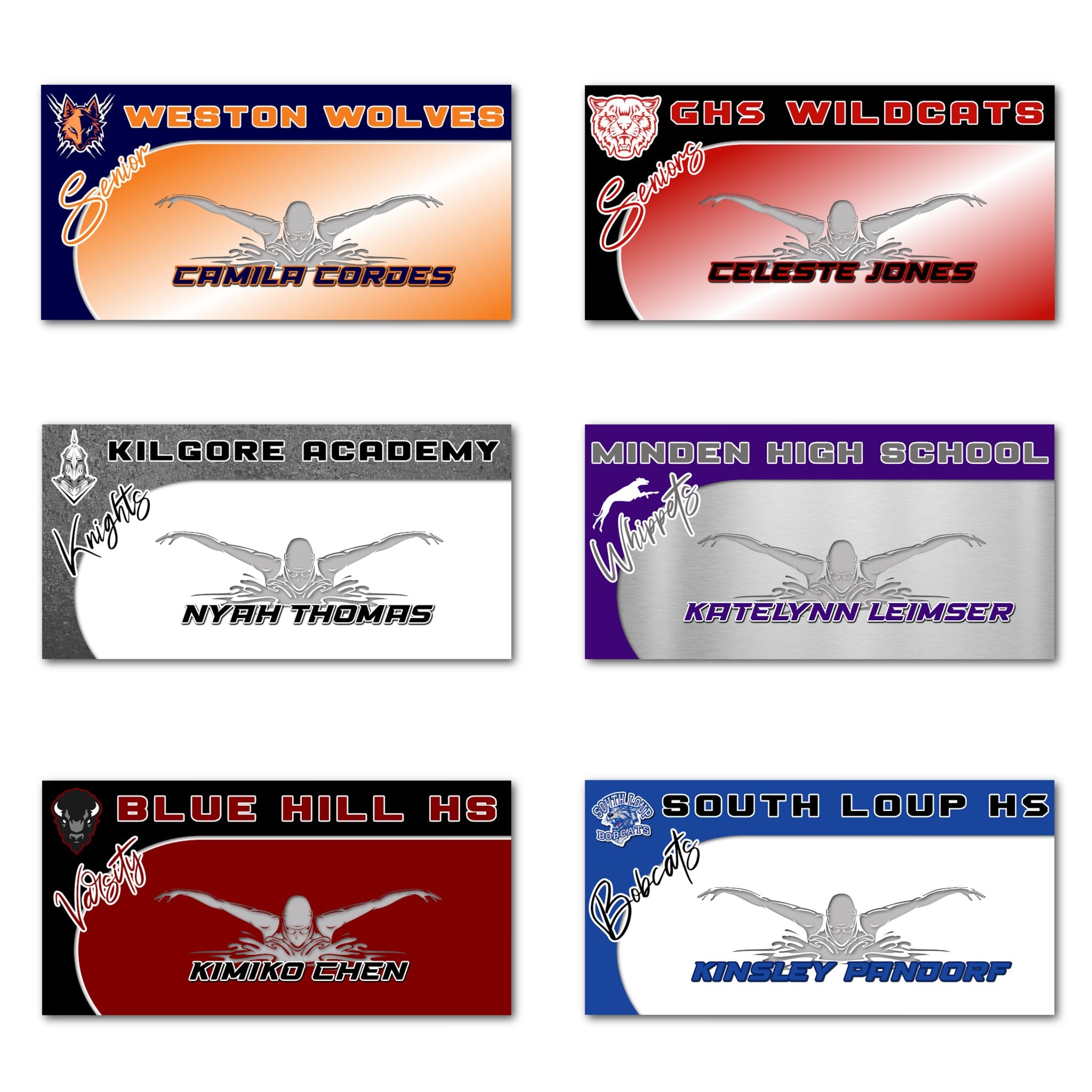 Examples of How to Customize Ladies Swim Team Decoration with Team Name, Athlete Name, Team Colors, Year, Tournament, Mascot, and More.