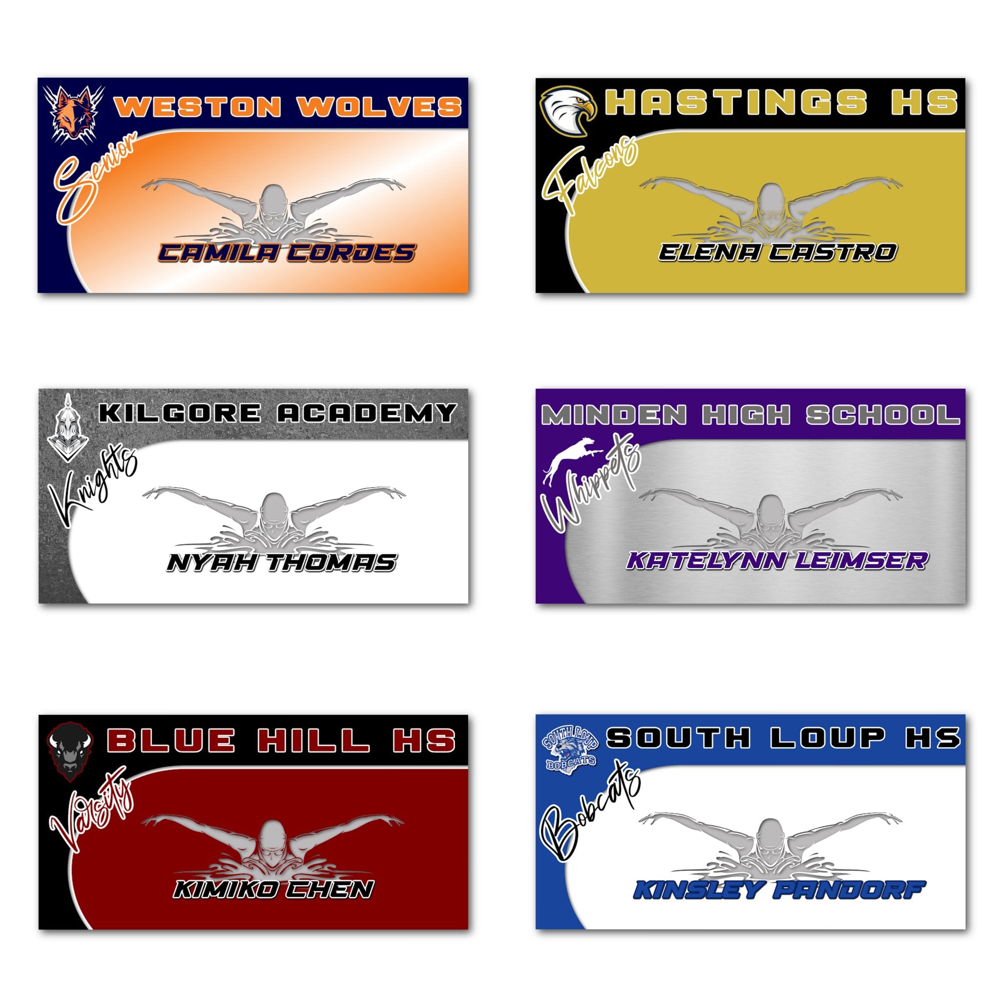 Examples of How to Customize Ladies Swimming Decoration with Team Name, Athlete Name, Team Colors, Year, Tournament, Mascot, and More.