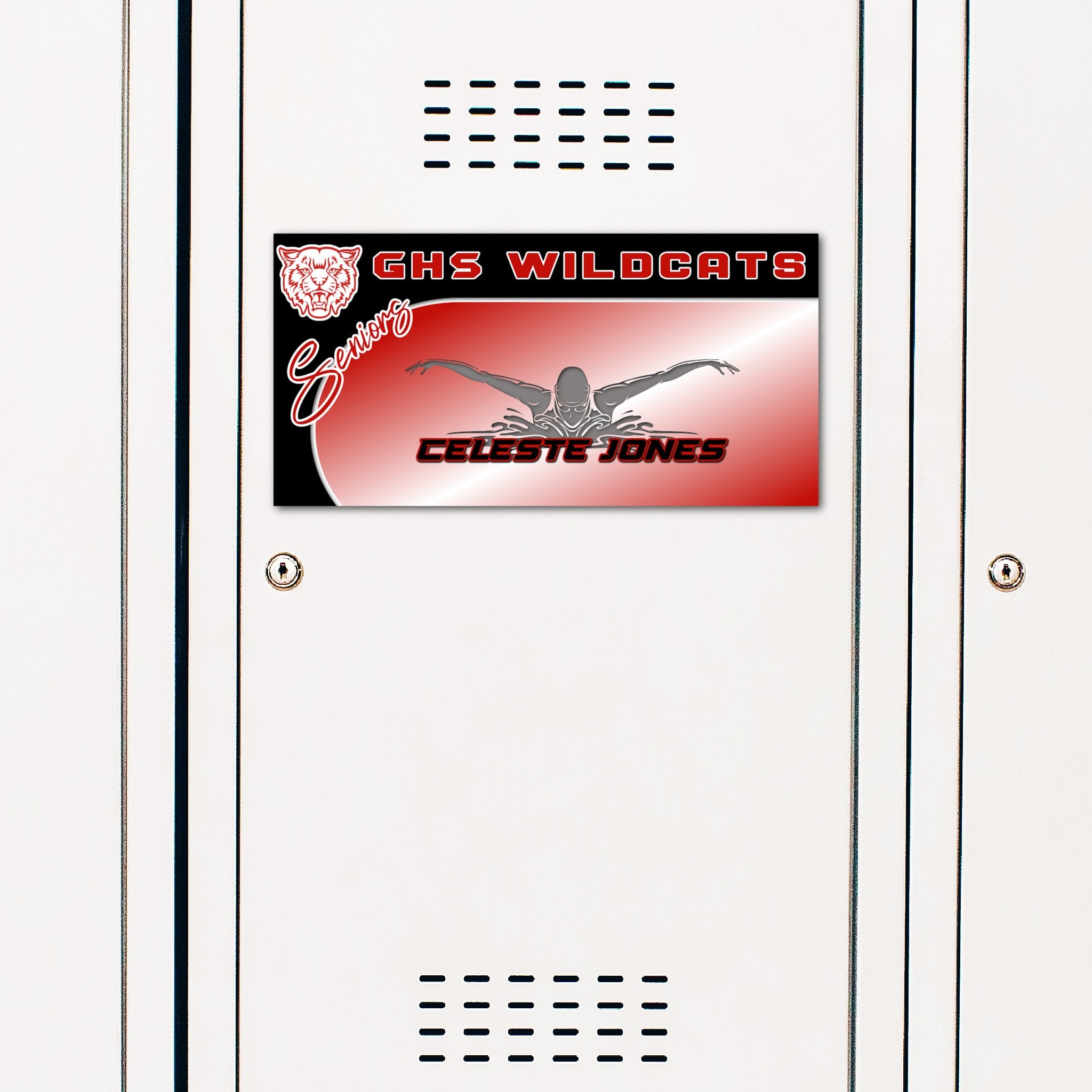 Custom Rectangle Girls Swim Team Locker Decoration in Team or School Colors.