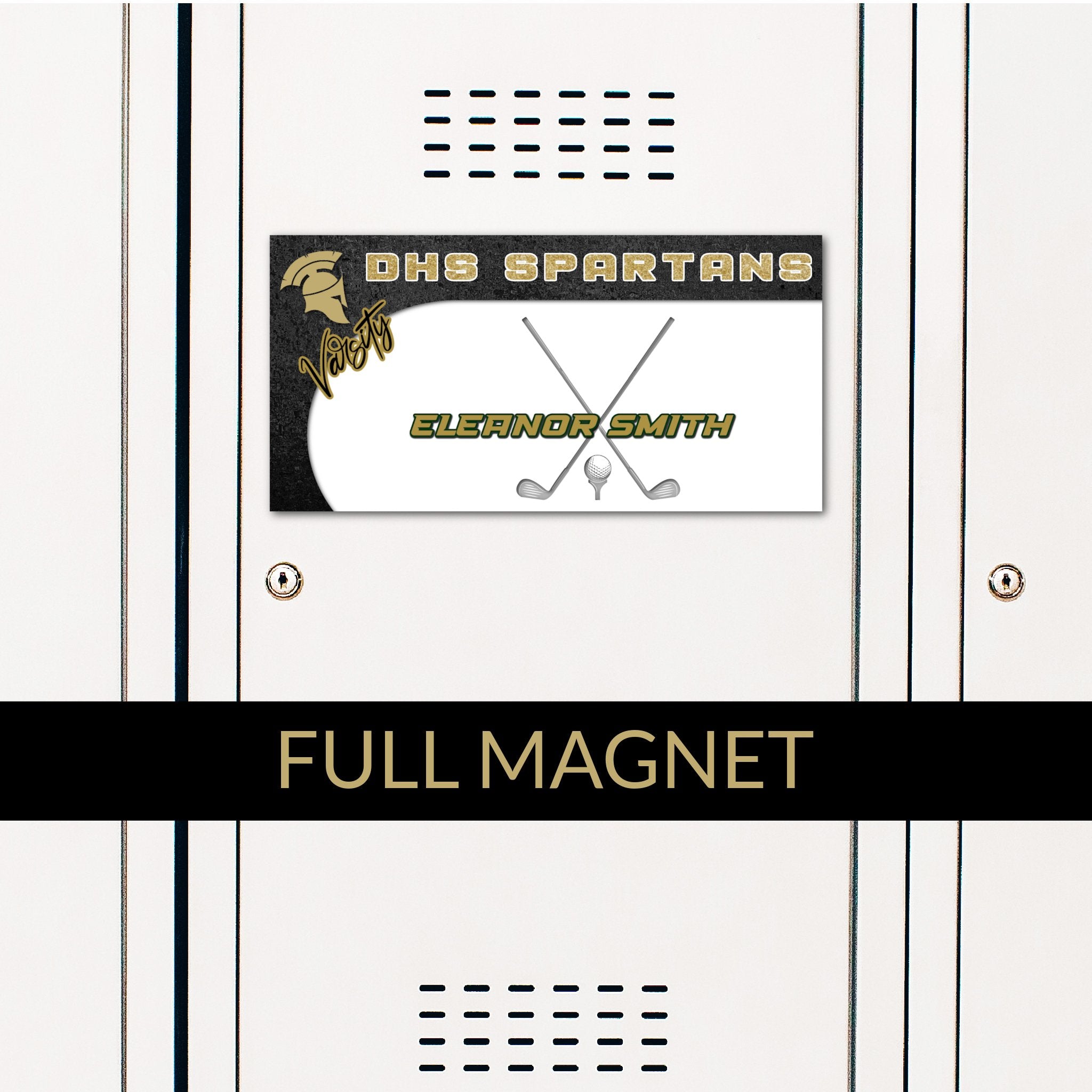 Custom Rectangle Golf Locker Magnet Decoration in Team or School Colors.