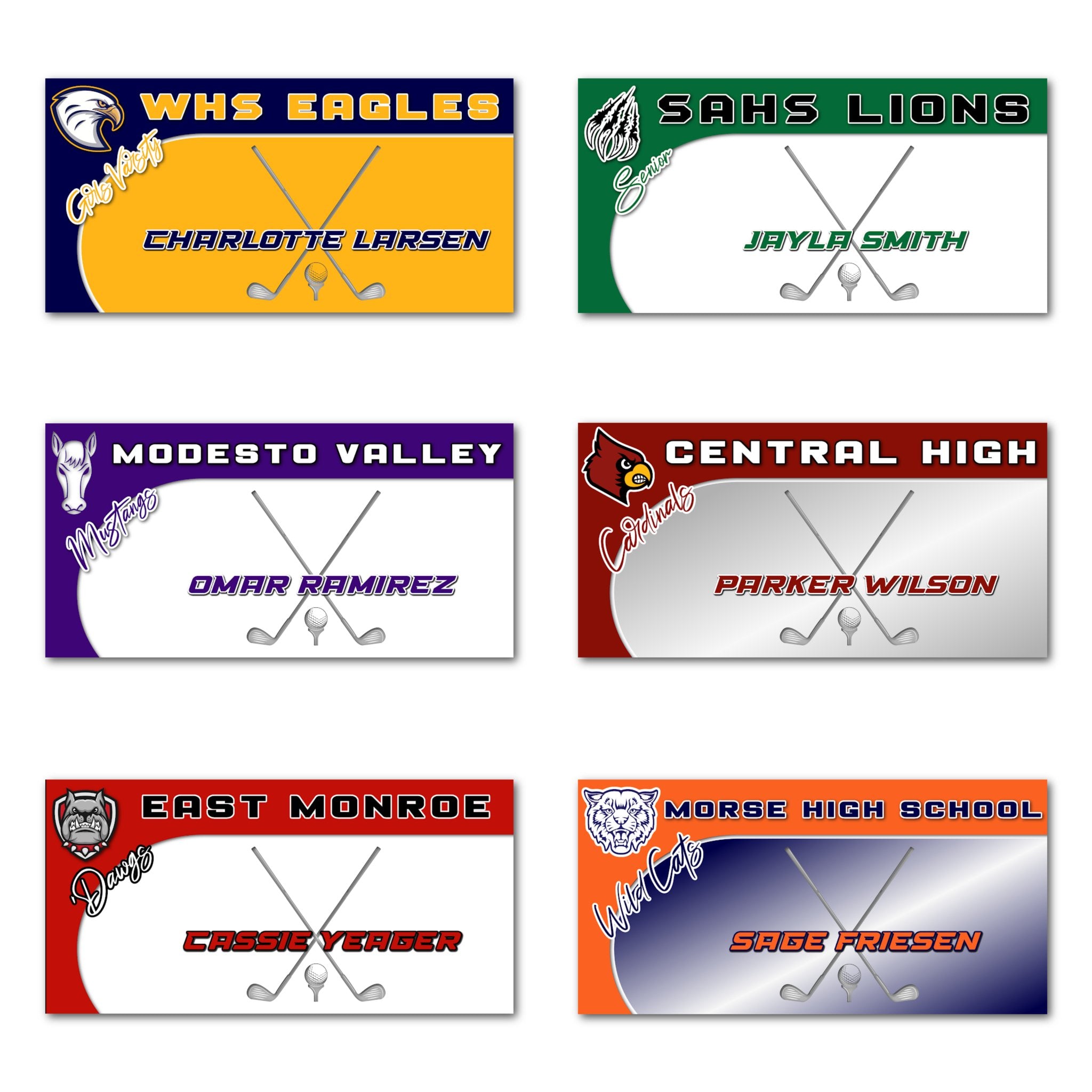 Examples of How to Customize Golfers Decoration with Team Name, Athlete Name, Team Colors, Year, Tournament, Mascot, and More.