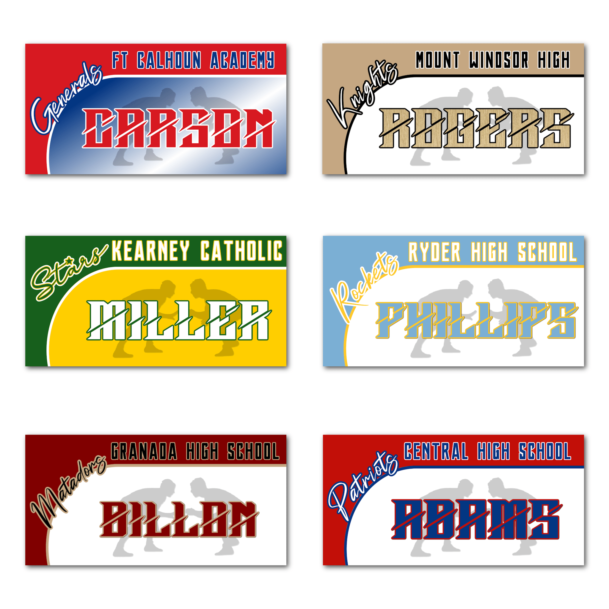 Examples of How to Customize Wrestlers Decoration with Team Name, Athlete Name, Team Colors, Year, Tournament, Mascot, and More.