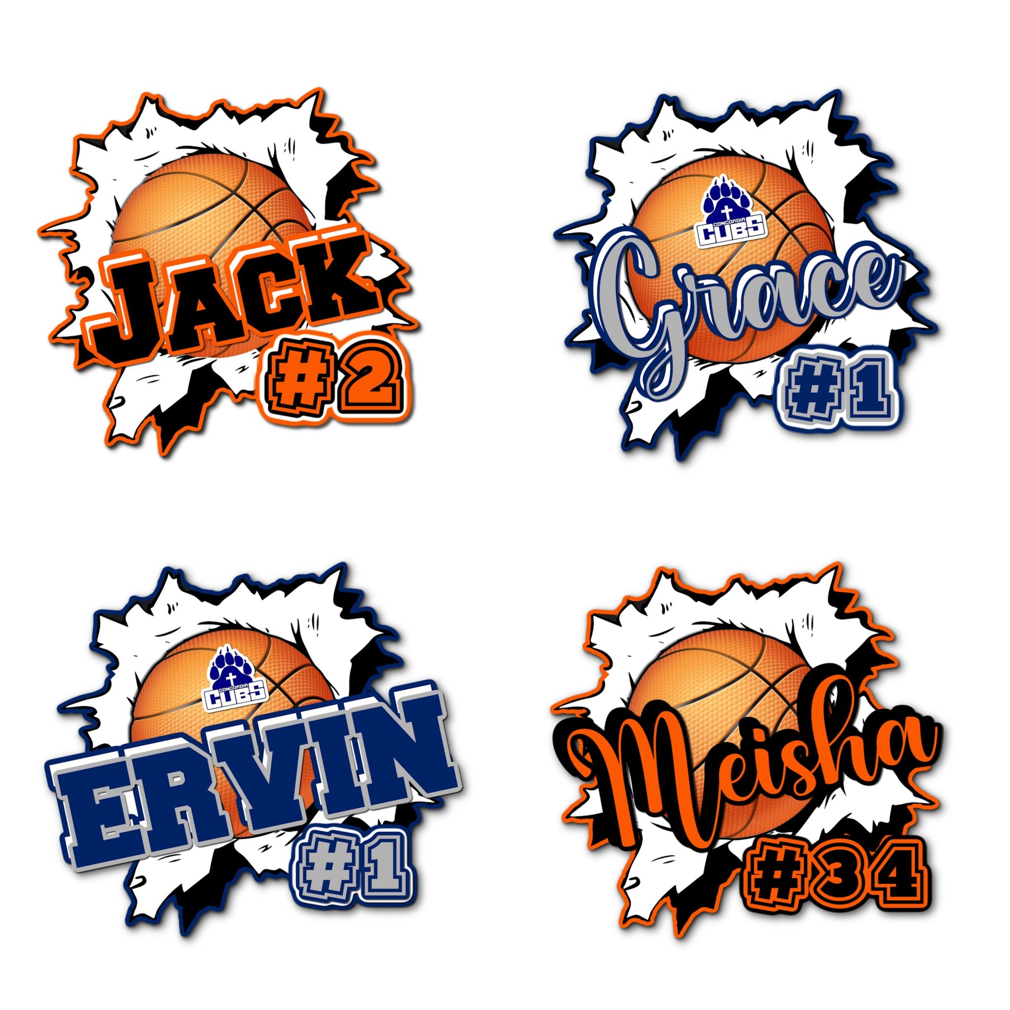 Examples of How to Customize Basketball Player Decoration with Team Name, Athlete Name, Team Colors, Year, Tournament, Mascot, and More.