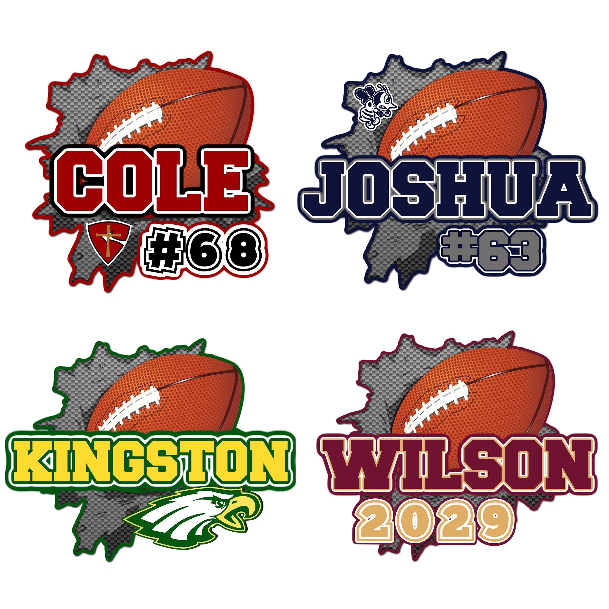 Examples of How to Customize Football Player Decoration with Team Name, Athlete Name, Team Colors, Year, Tournament, Mascot, and More.