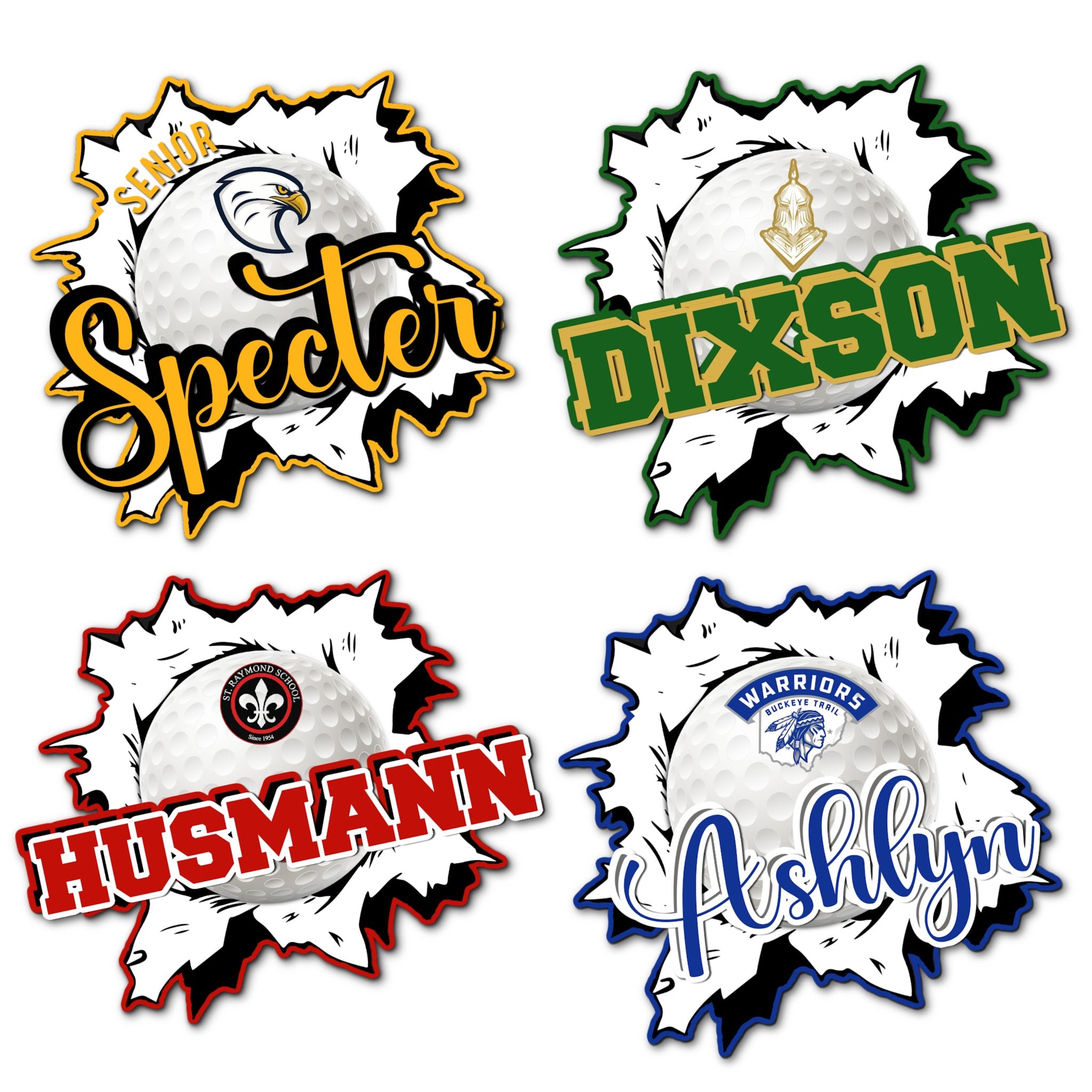 Examples of How to Customize Golfer Decoration with Team Name, Athlete Name, Team Colors, Year, Tournament, Mascot, and More.
