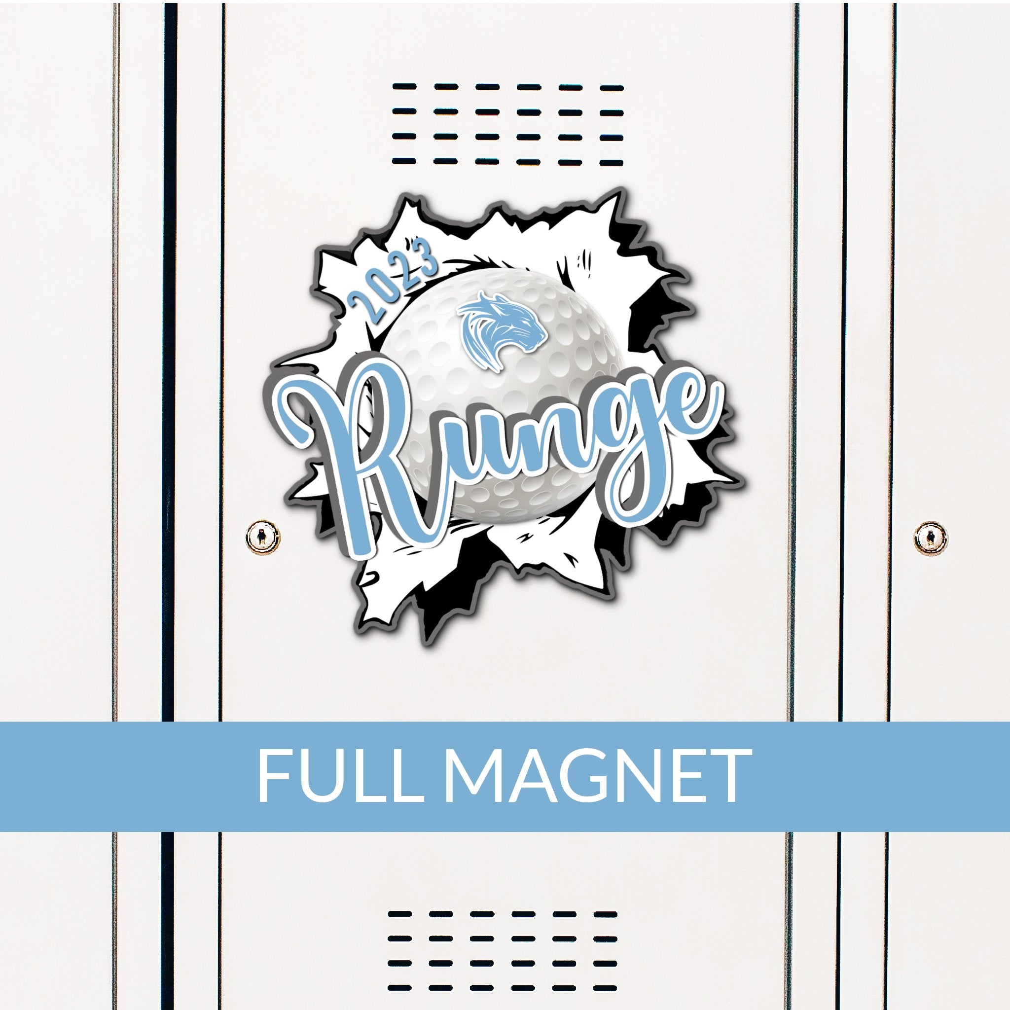 Custom Ripped Golf Ball Locker Magnet Decoration in Team or School Colors.