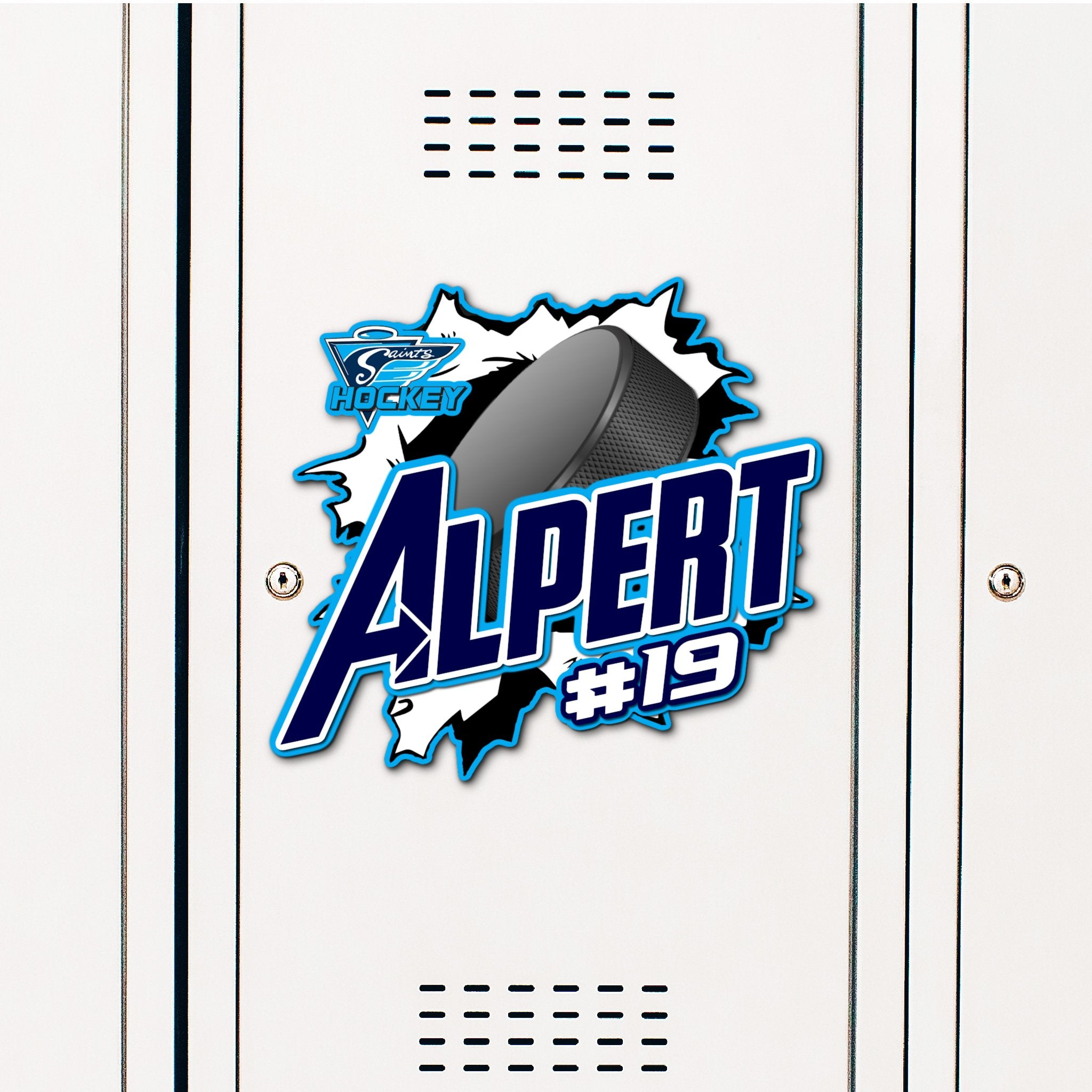 Custom Ripped Hockey Puck Locker Decoration in Team or School Colors.