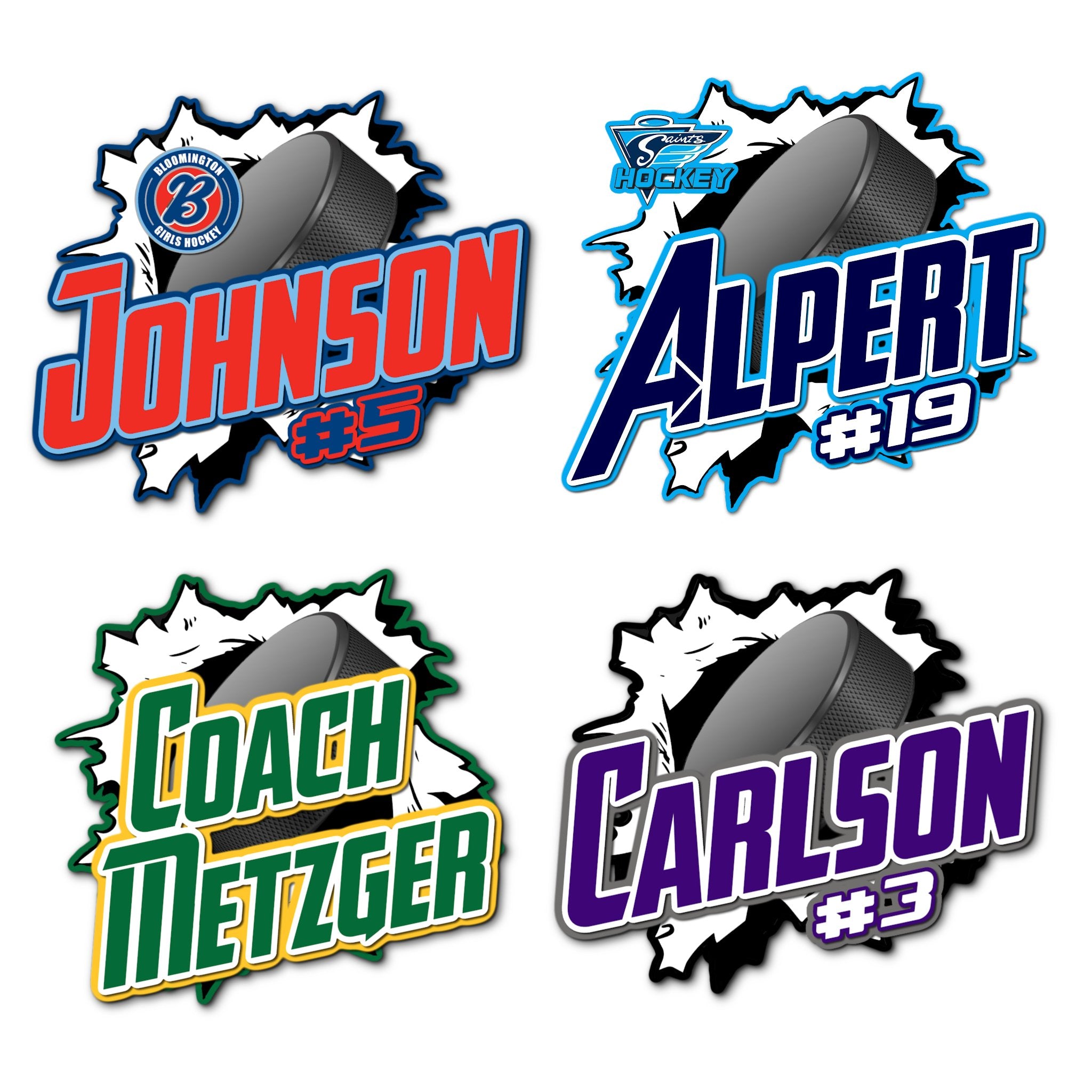 Examples of How to Customize Ripped Hockey Puck Decoration with Team Name, Athlete Name, Team Colors, Year, Tournament, Mascot, and More.