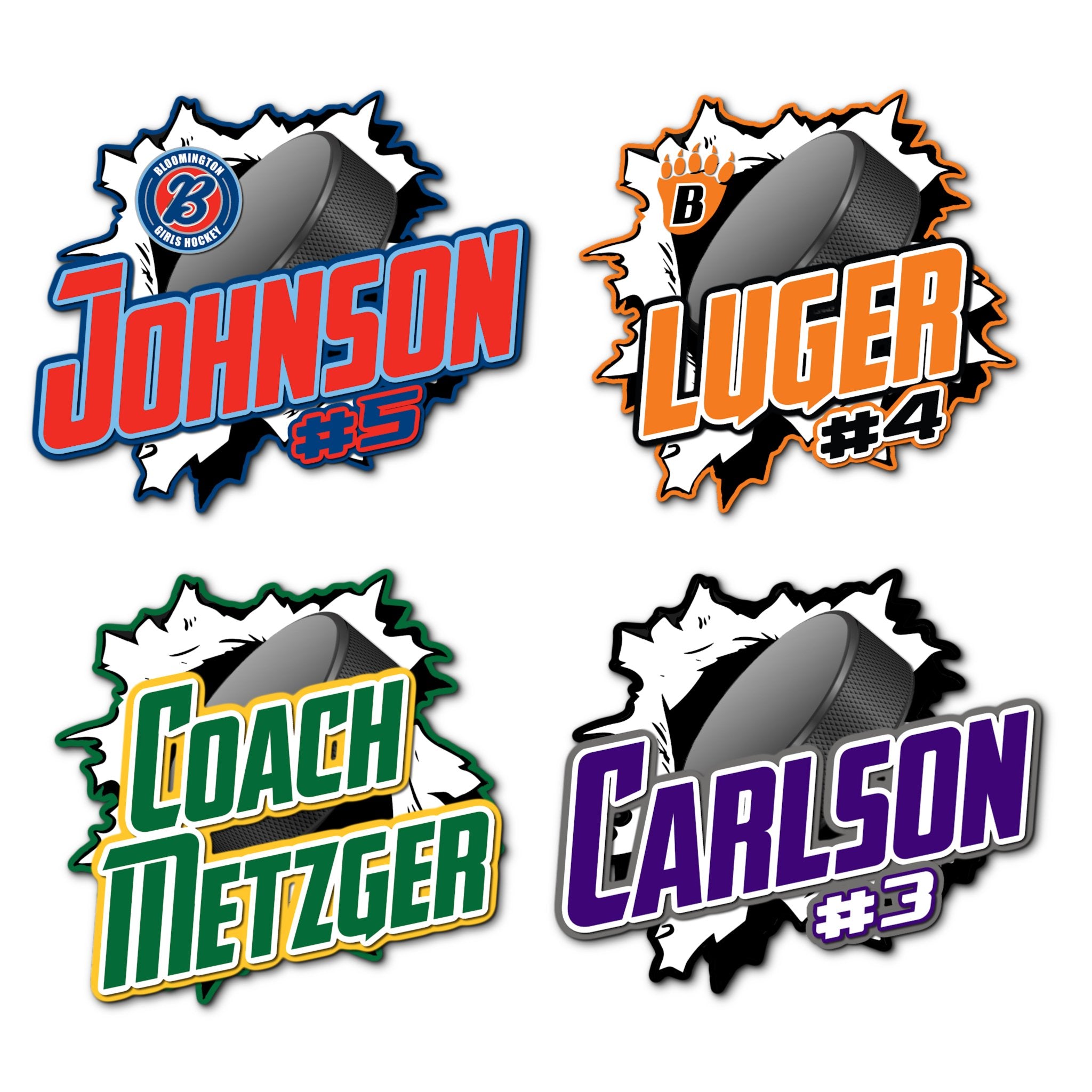 Examples of How to Customize Hockey Decoration with Team Name, Athlete Name, Team Colors, Year, Tournament, Mascot, and More.
