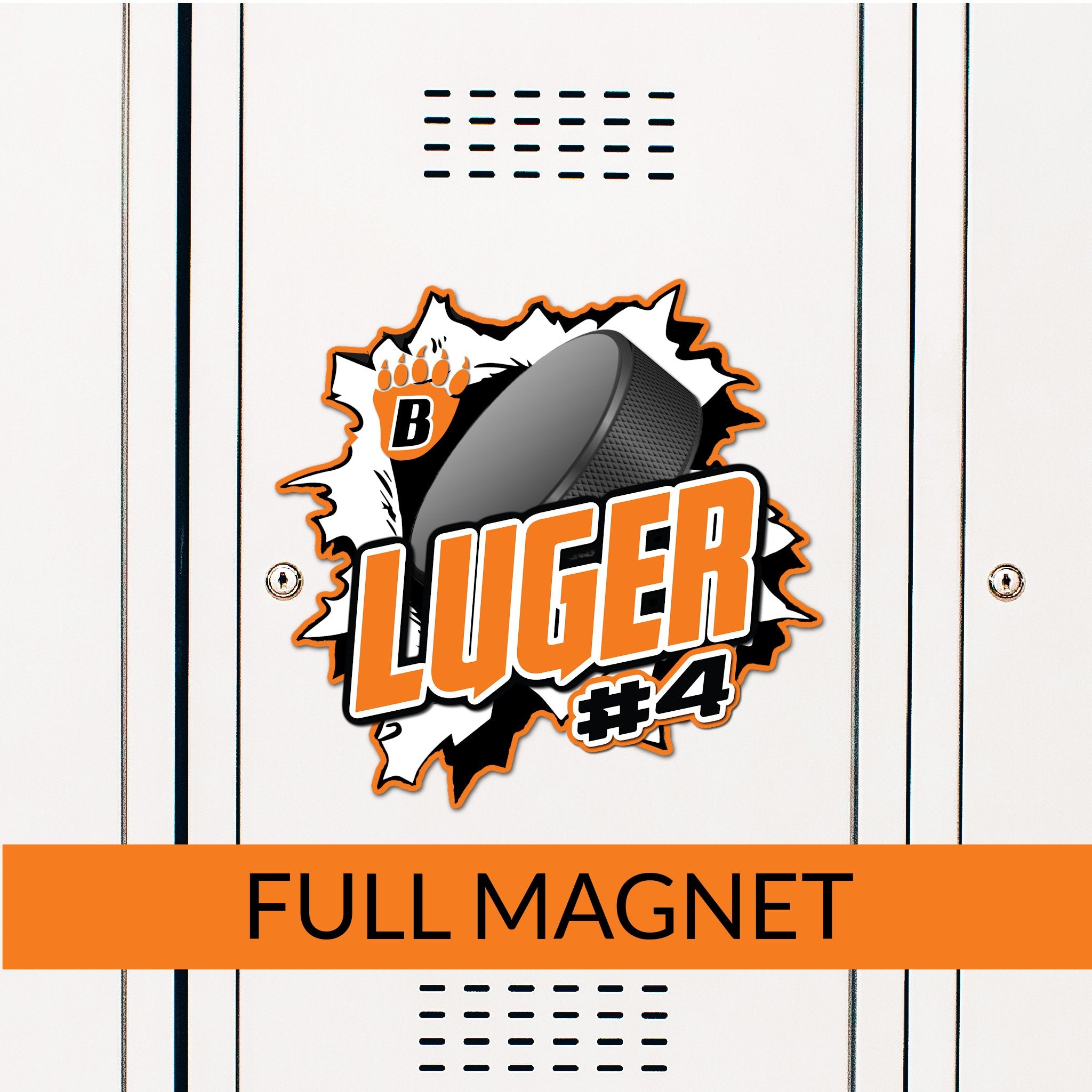 Custom Ripped Hockey Puck Locker Magnet Decoration in Team or School Colors.