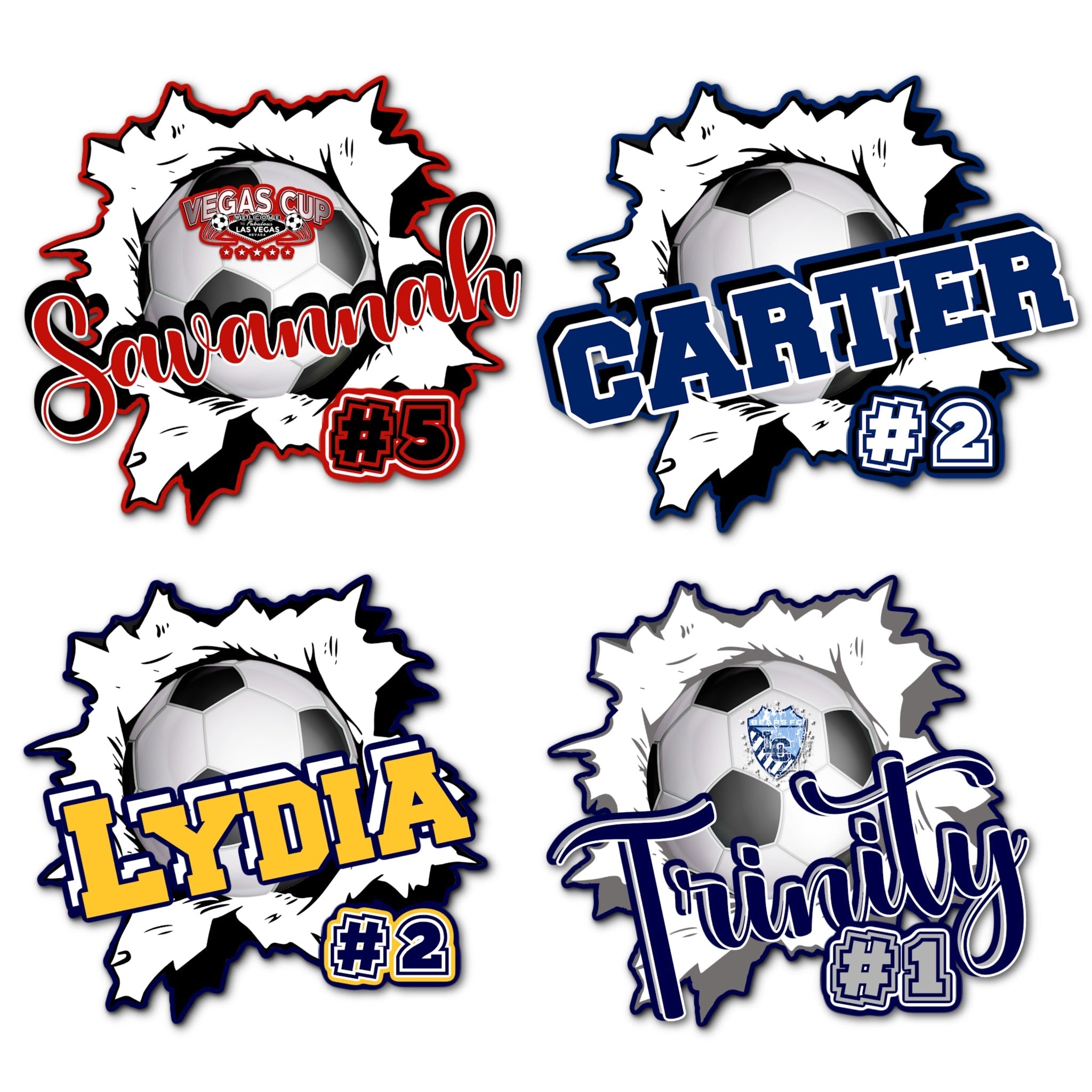Examples of How to Customize Soccer Player Decoration with Team Name, Athlete Name, Team Colors, Year, Tournament, Mascot, and More.