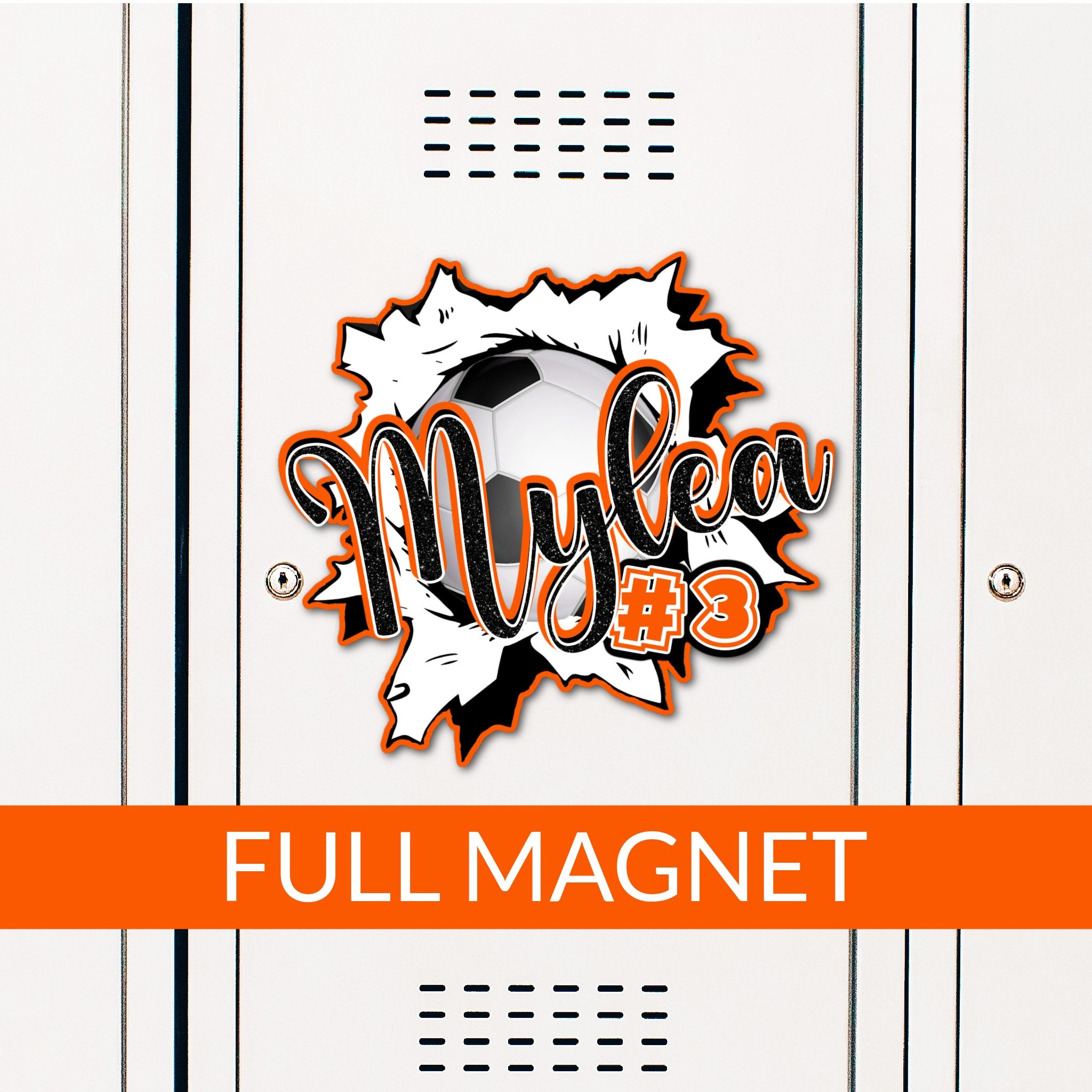Custom Ripped Soccer Ball Locker Magnet Decoration in Team or School Colors.