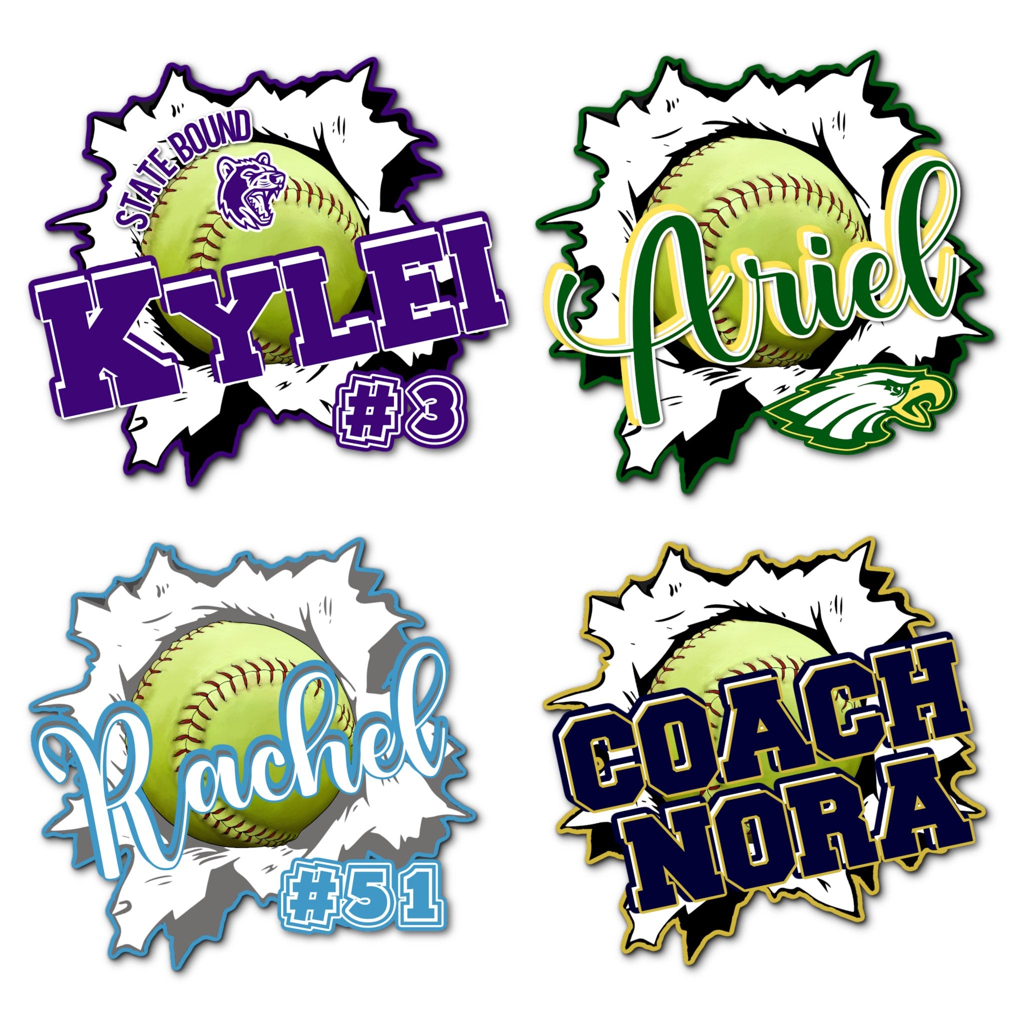 Examples of How to Customize Softball Player Decoration with Team Name, Athlete Name, Team Colors, Year, Tournament, Mascot, and More.