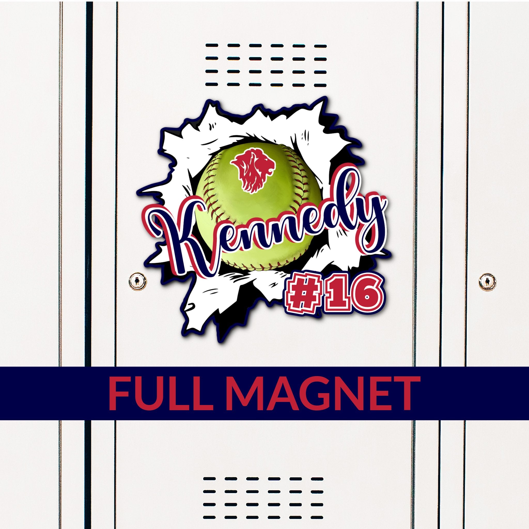 Custom Ripped Softball Locker Magnet Decoration in Team or School Colors.