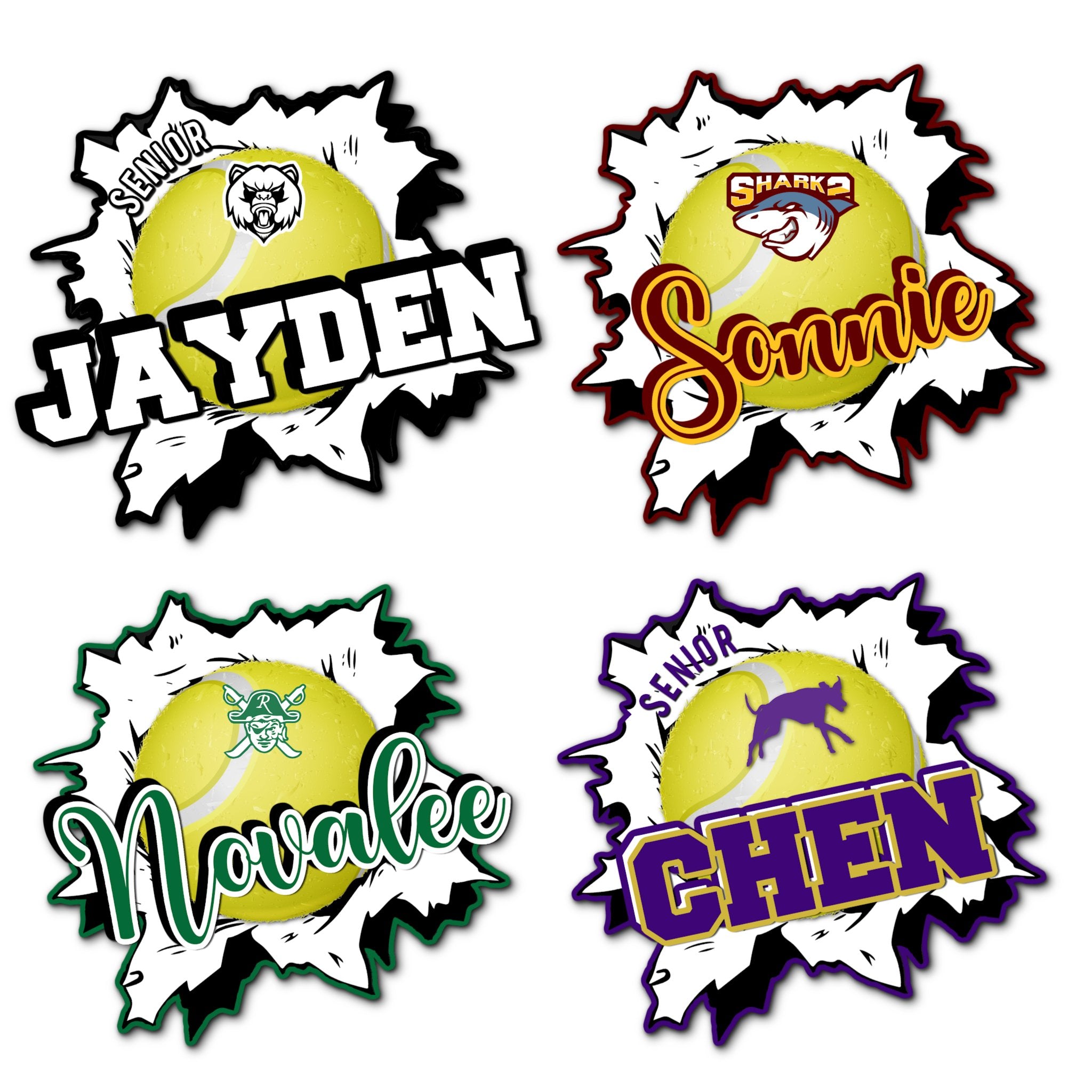 Examples of How to Customize Tennis Player Decoration with Team Name, Athlete Name, Team Colors, Year, Tournament, Mascot, and More.