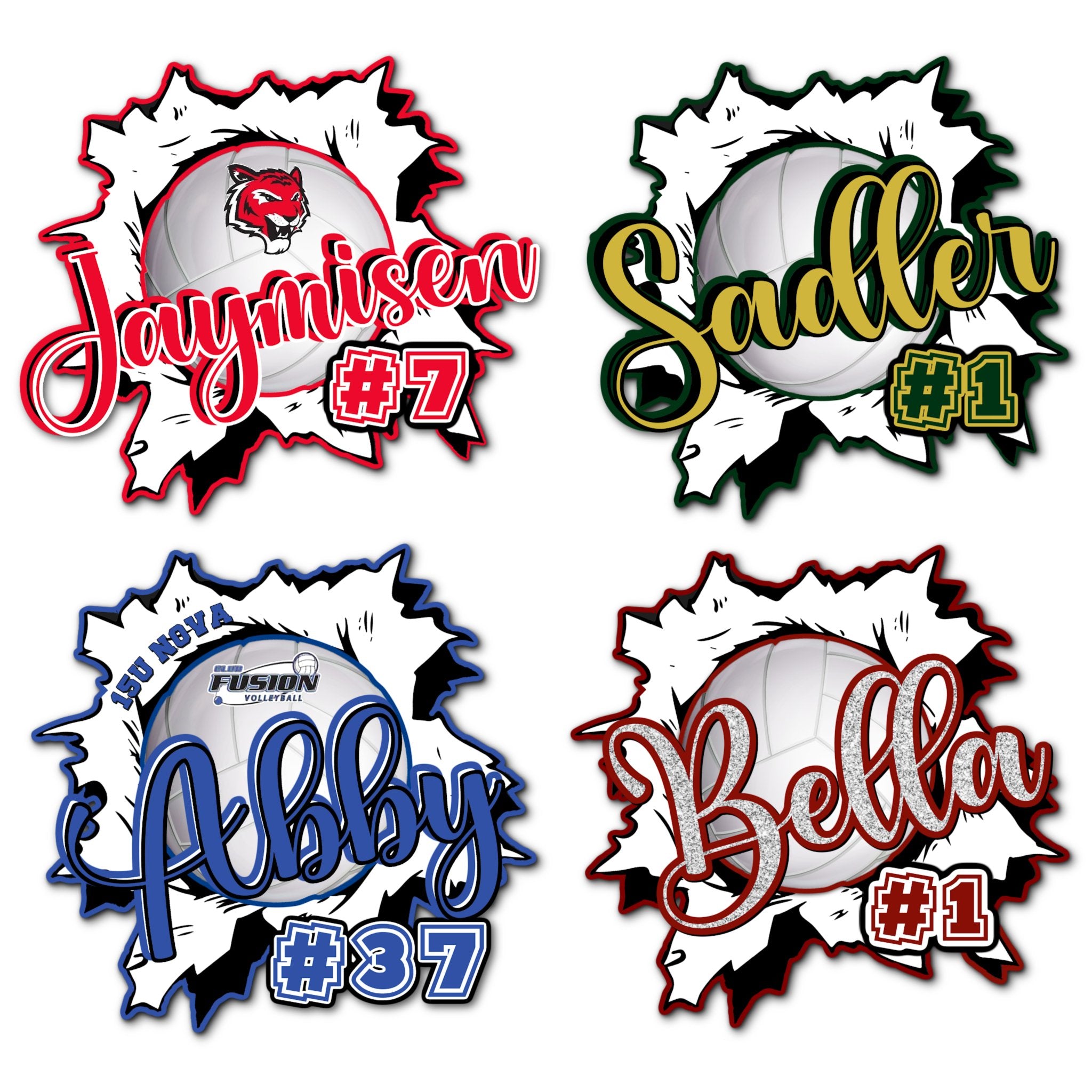 Examples of How to Customize Volleyball Player Decoration with Team Name, Athlete Name, Team Colors, Year, Tournament, Mascot, and More.