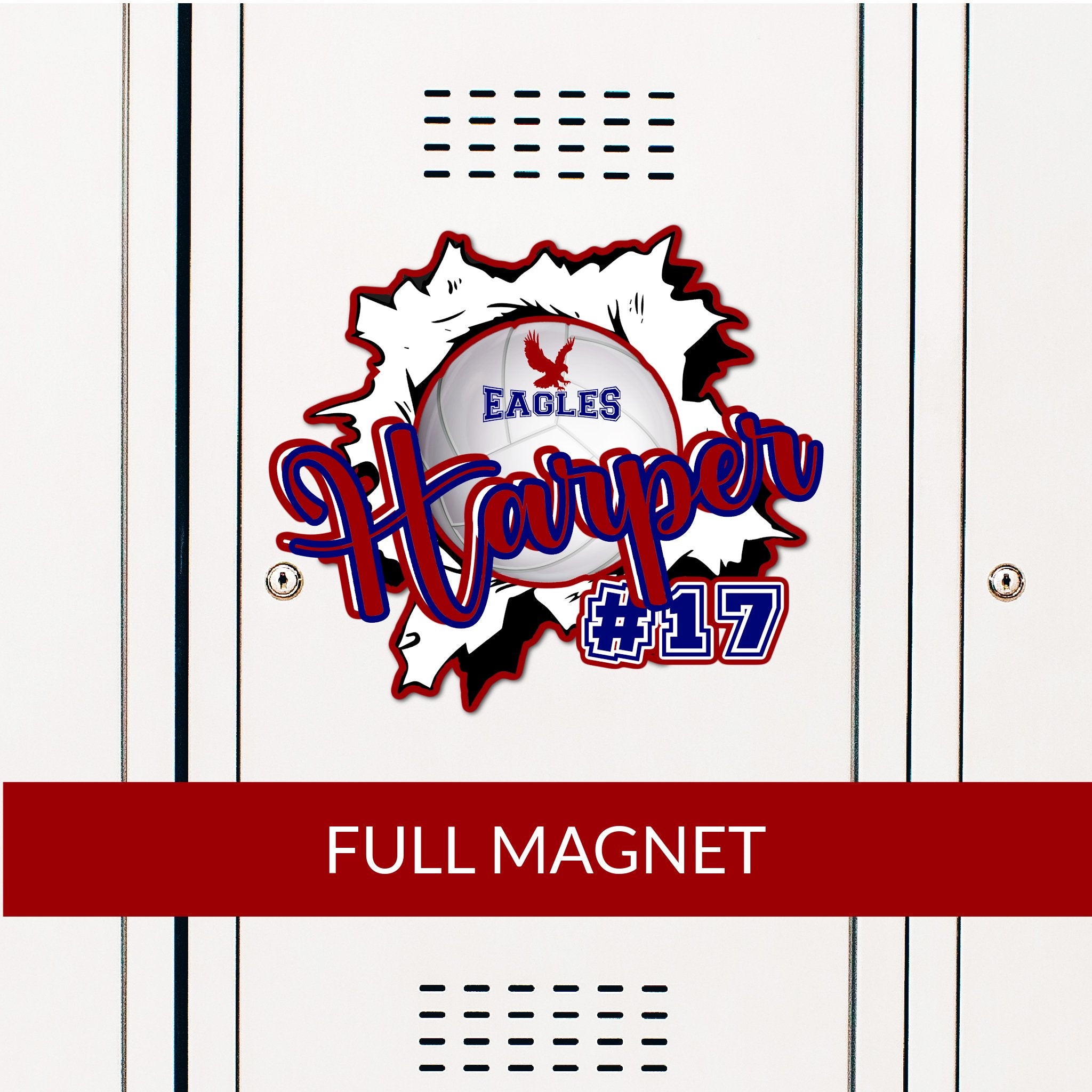 Custom Ripped Volleyball Locker Magnet Decoration in Team or School Colors.