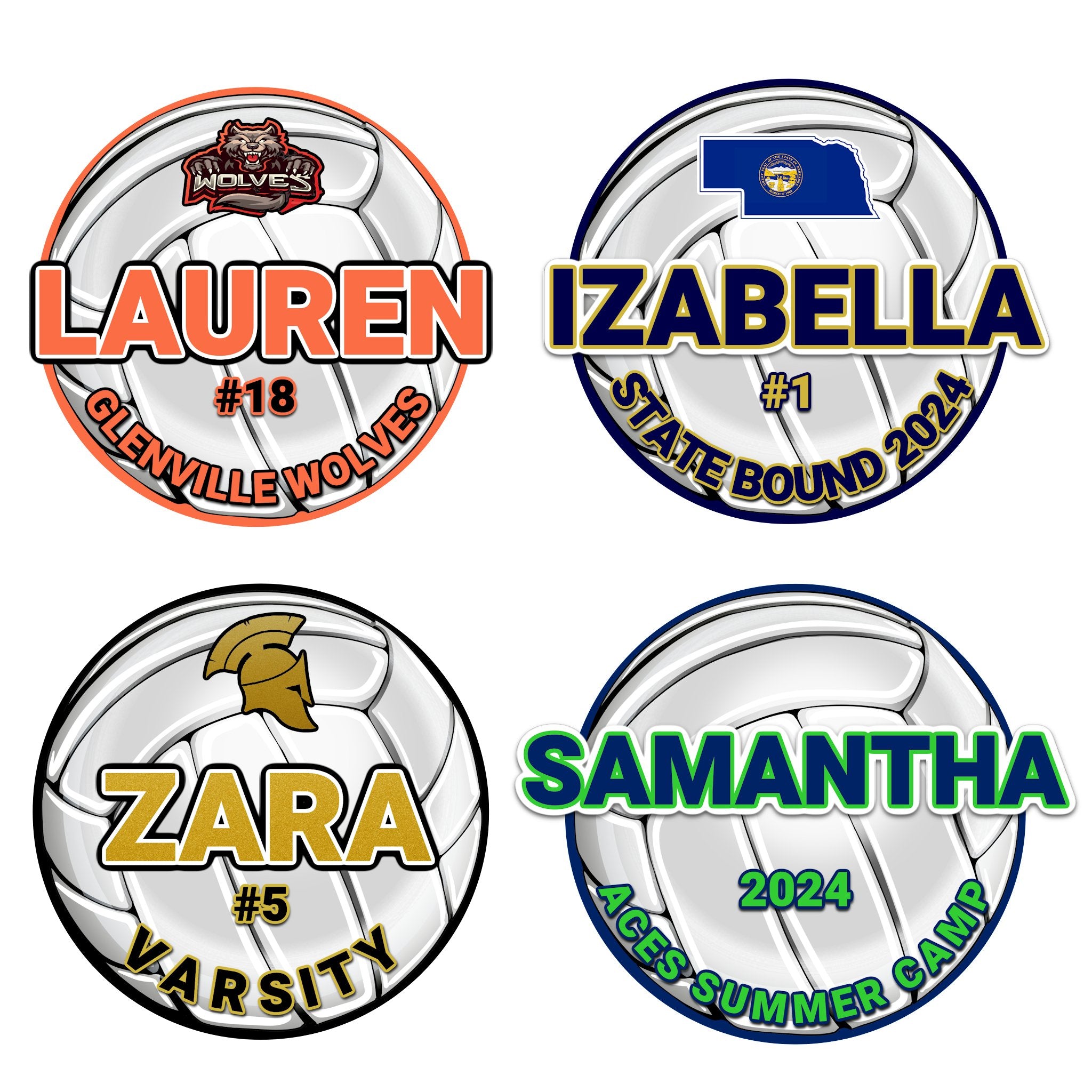 Examples of How to Customize Volleyball Player Decoration with Team Name, Athlete Name, Team Colors, Year, Tournament, Mascot, and More.