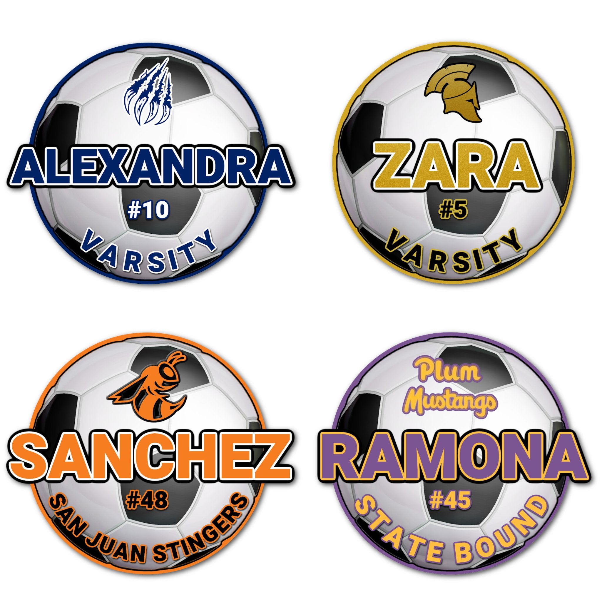 Examples of How to Customize Soccer Player Decoration with Team Name, Athlete Name, Team Colors, Year, Tournament, Mascot, and More.