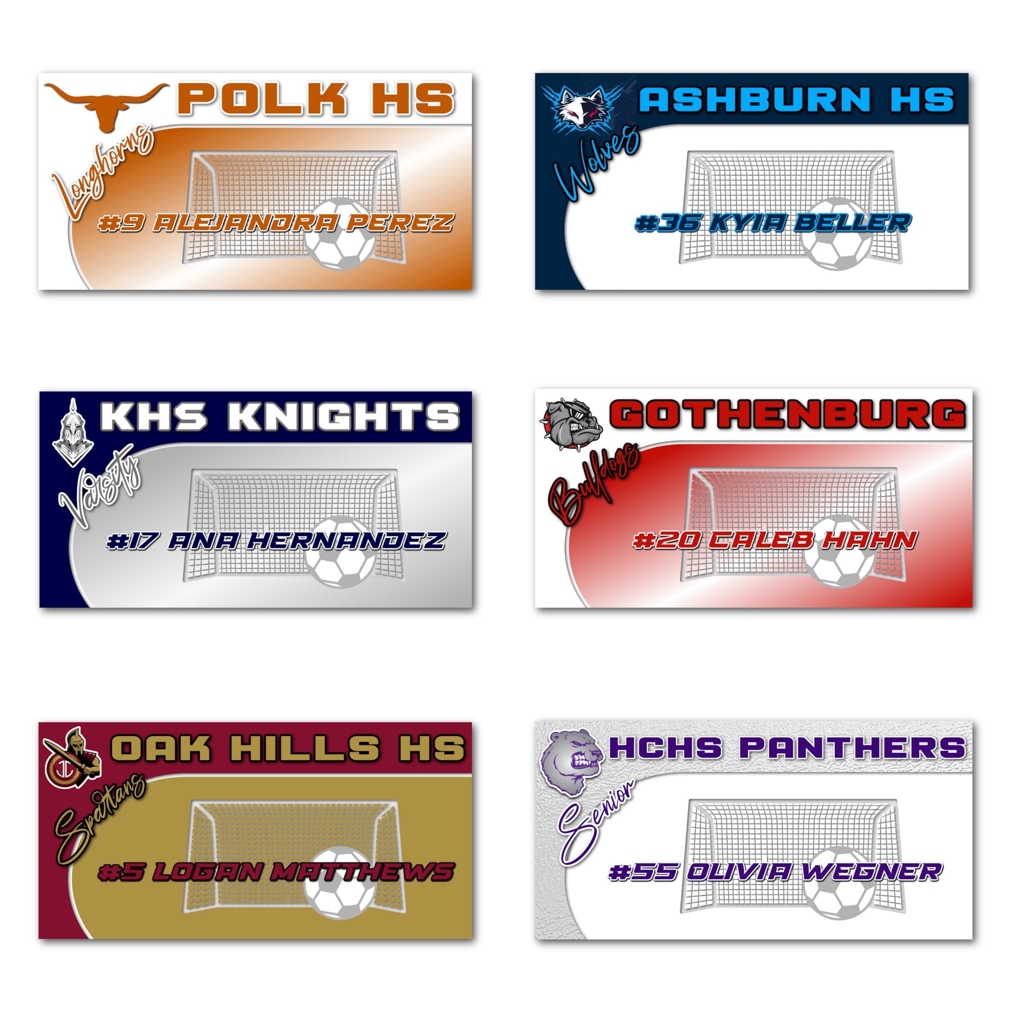 Examples of How to Customize Soccer Player Decoration with Team Name, Athlete Name, Team Colors, Year, Tournament, Mascot, and More.