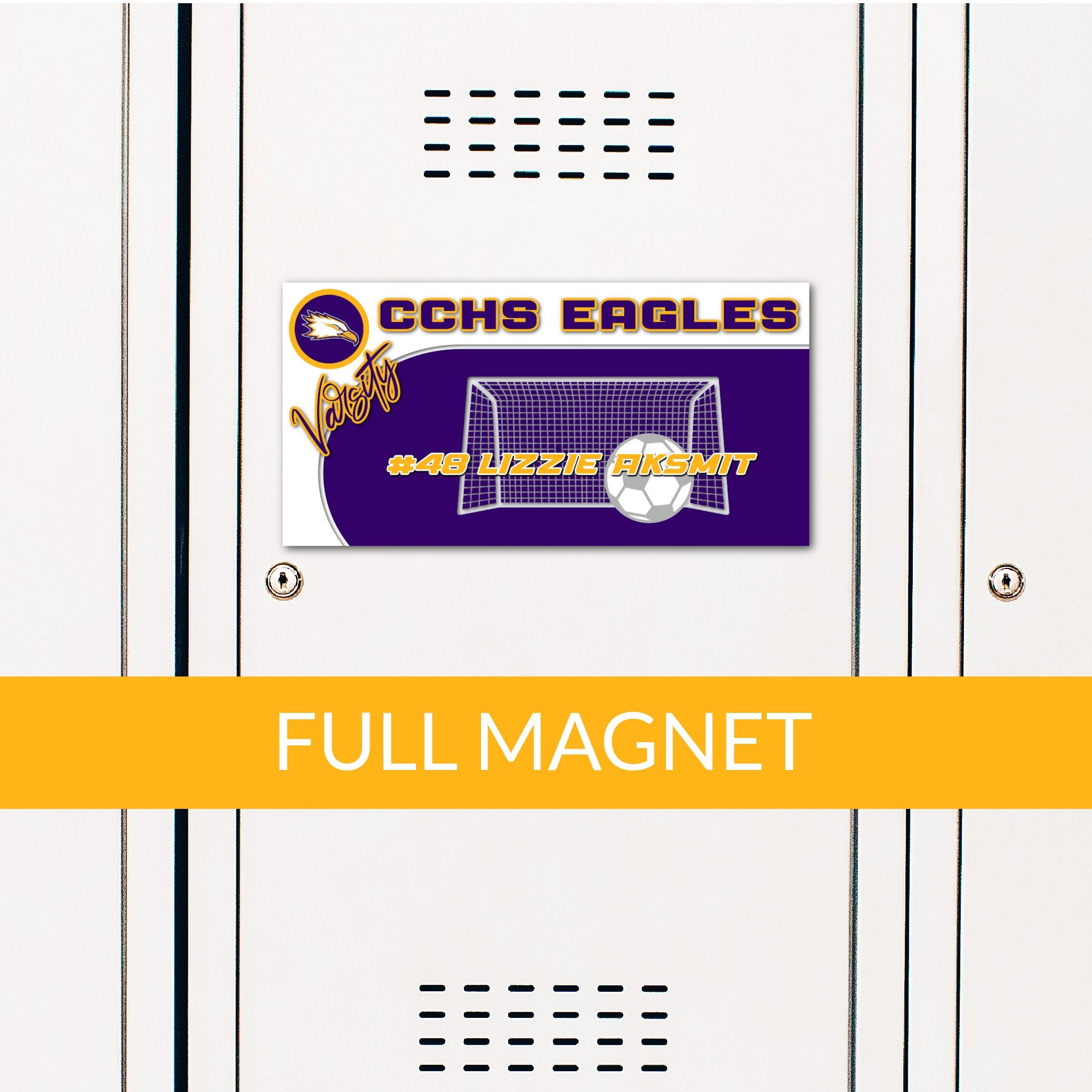 Custom Rectangle Soccer Locker Magnet Decoration in Team or School Colors.