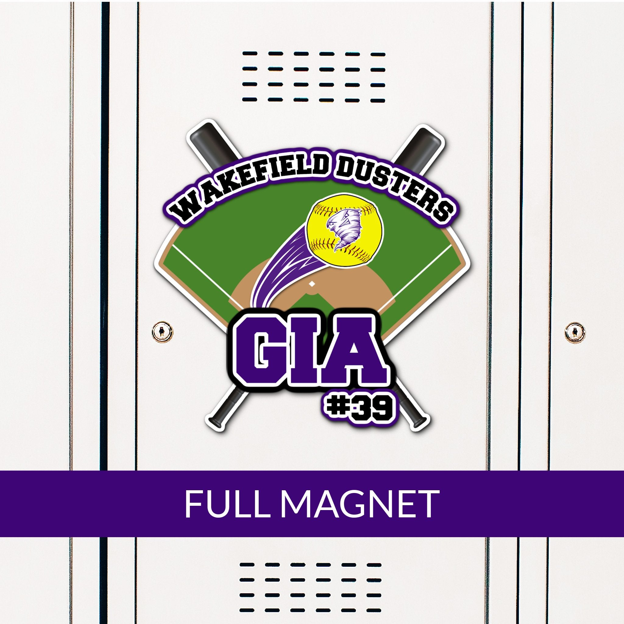 Custom Softball Field with Flying Ball Locker Magnet Decoration in Team or School Colors.