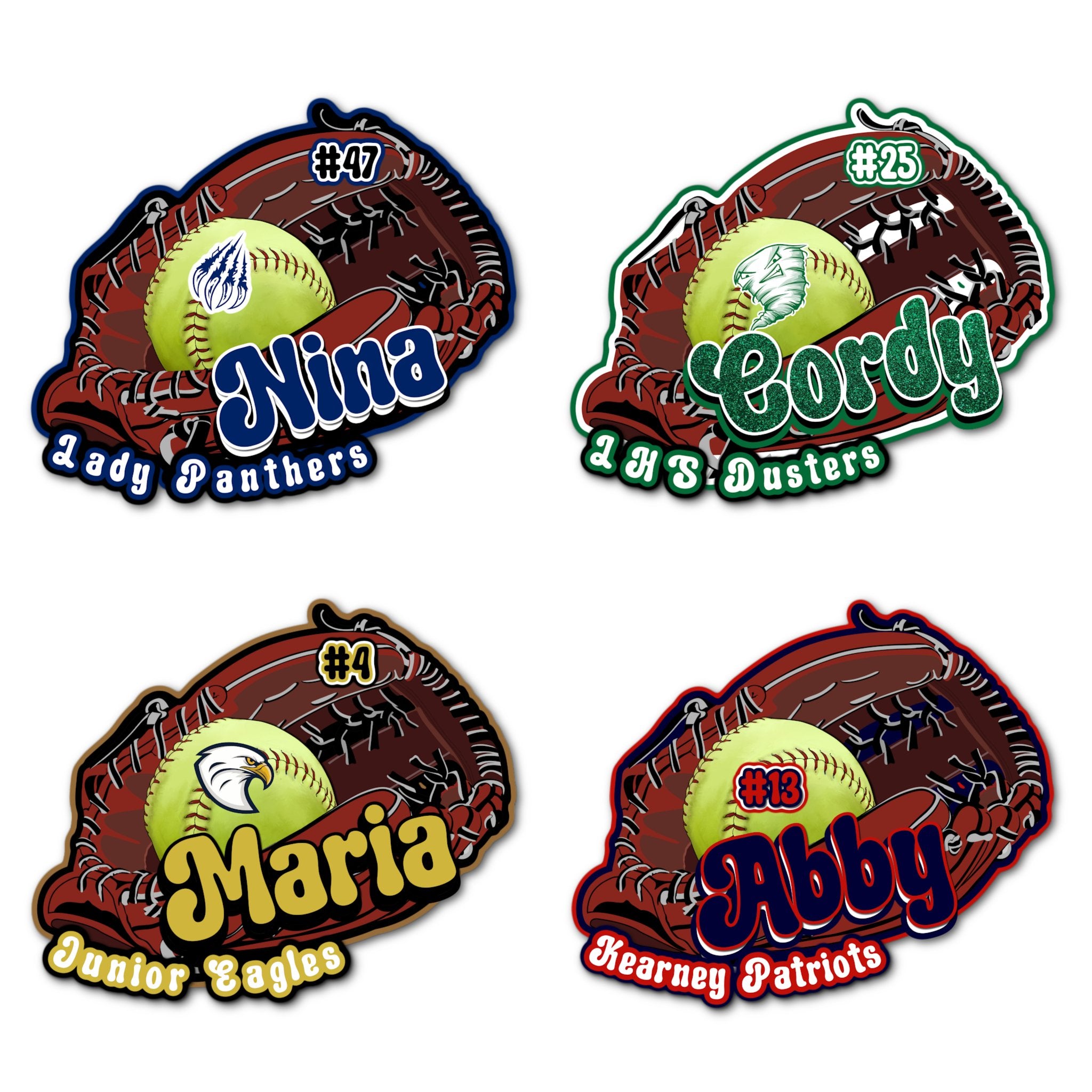 Examples of How to Customize Softball Player Decoration with Team Name, Athlete Name, Team Colors, Year, Tournament, Mascot, and More.