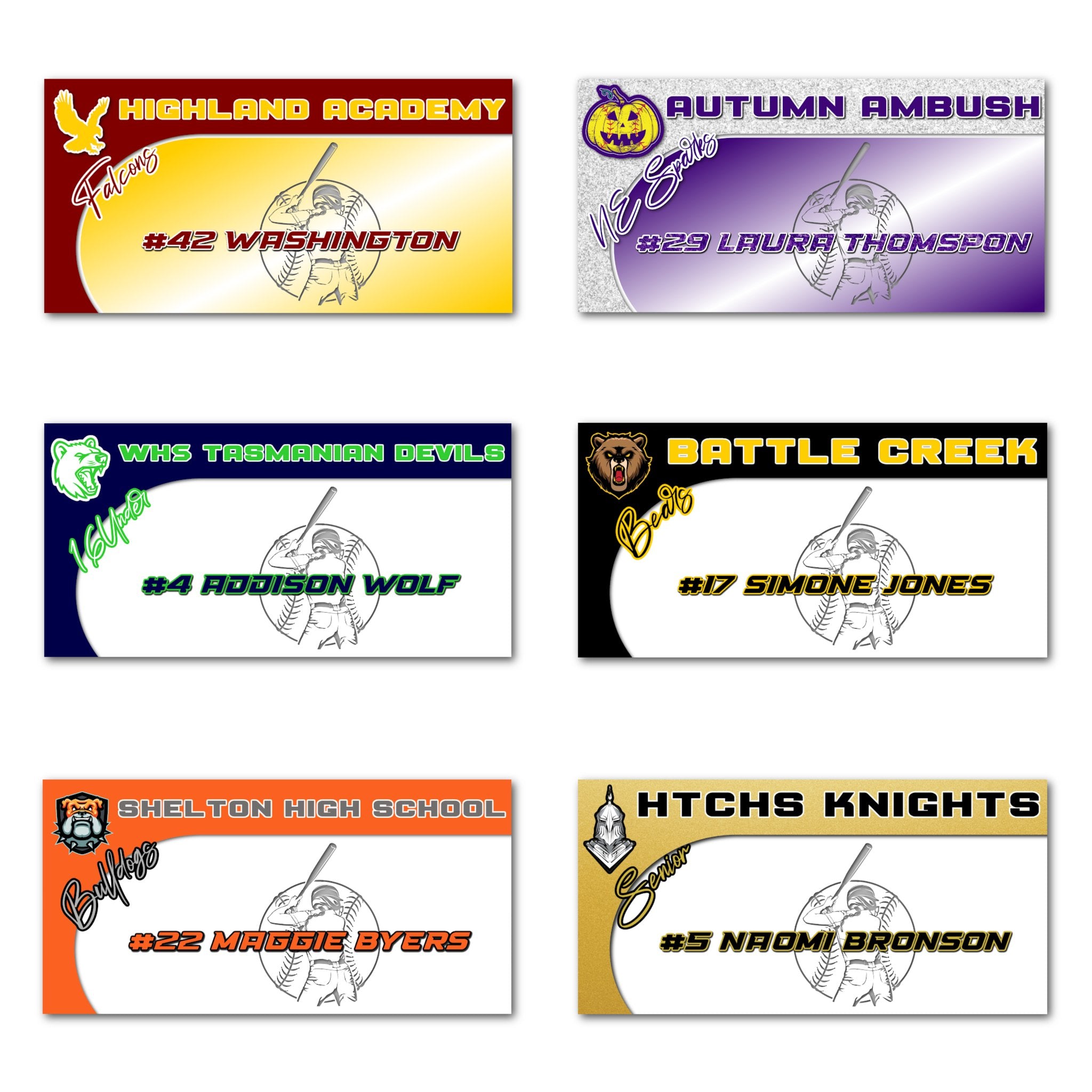 Examples of How to Customize Softball Player Decoration with Team Name, Athlete Name, Team Colors, Year, Tournament, Mascot, and More.