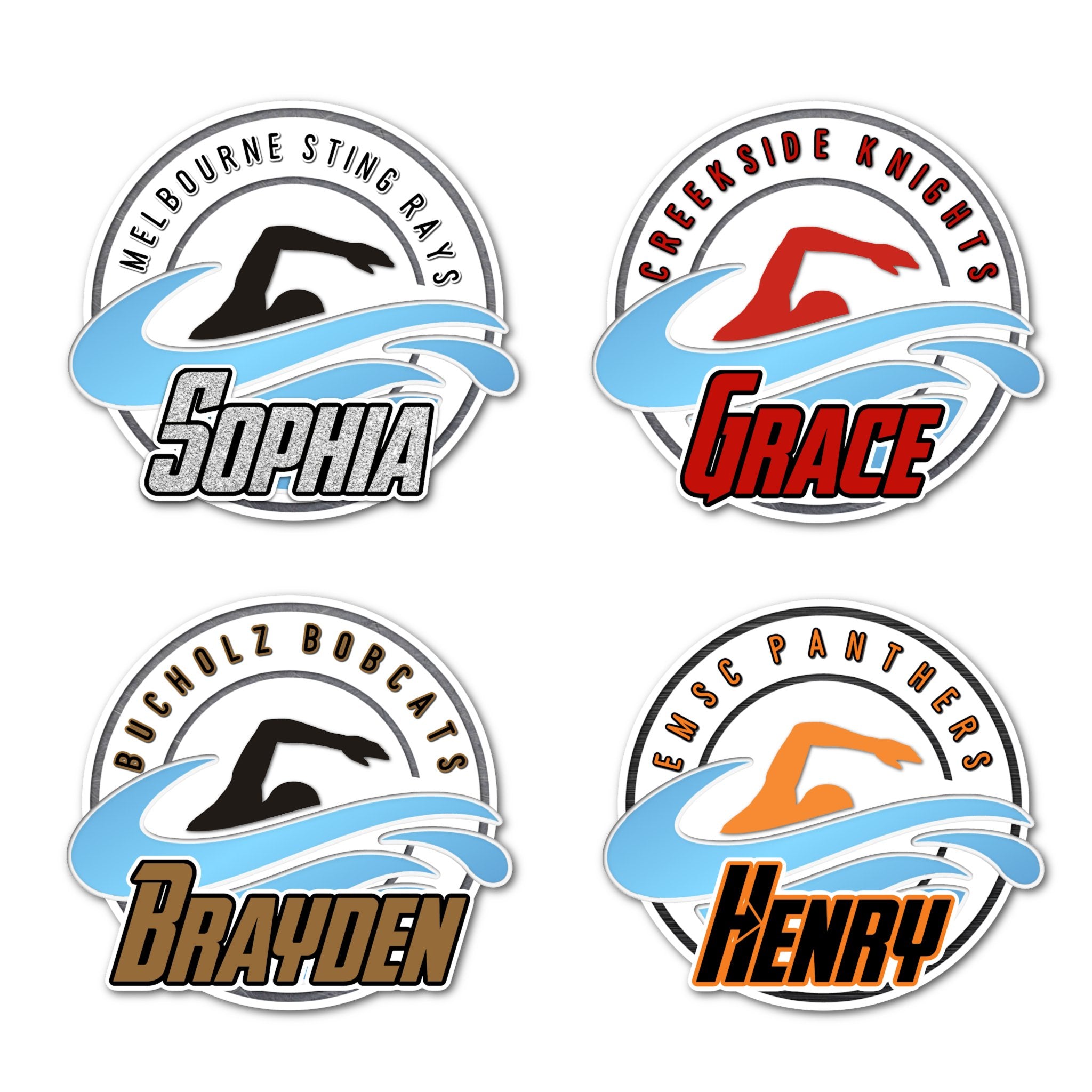 Examples of How to Customize Swimmers Decoration with Team Name, Athlete Name, Team Colors, Year, Tournament, Mascot, and More.